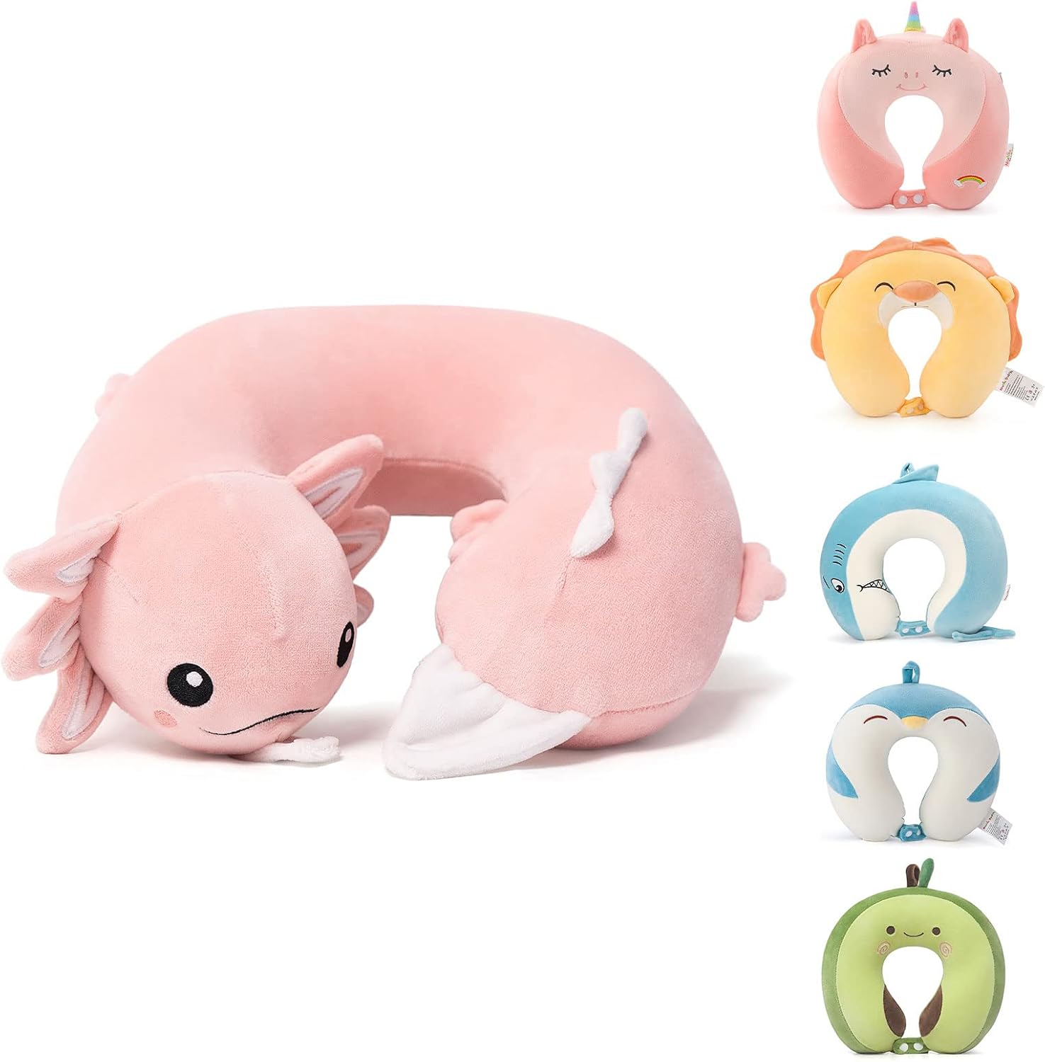 NiuniuDaddy Niuniu Daddy Pink Axolotl Kids Travel Neck Pillow Road Trip Essentials for 3-8 Years Old, Soft Memory Foam Neck Pillow for Slee…