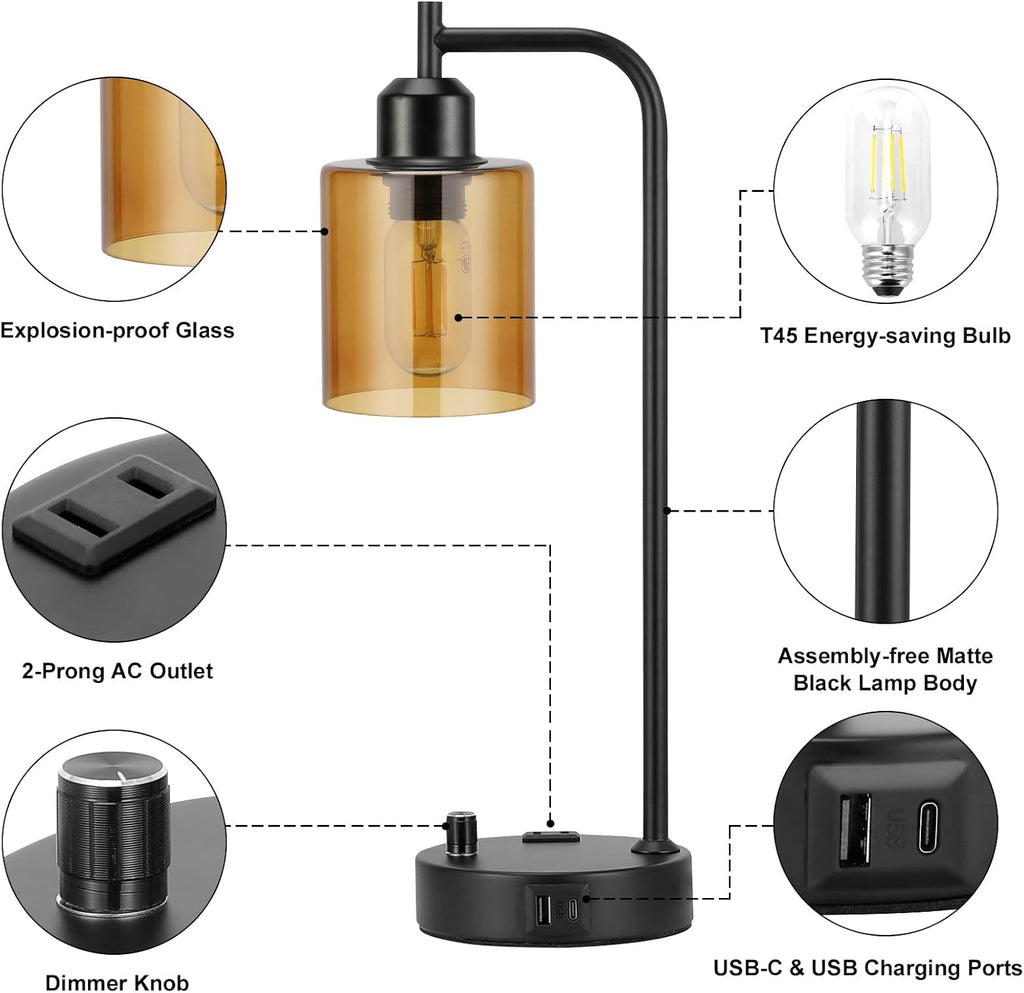 Industrial Bedside Lamps for Nightstand Set of 2 - Fully Dimmable Bedroom Lamps with USB A C Ports and Outlet, Black Table Lamps with…