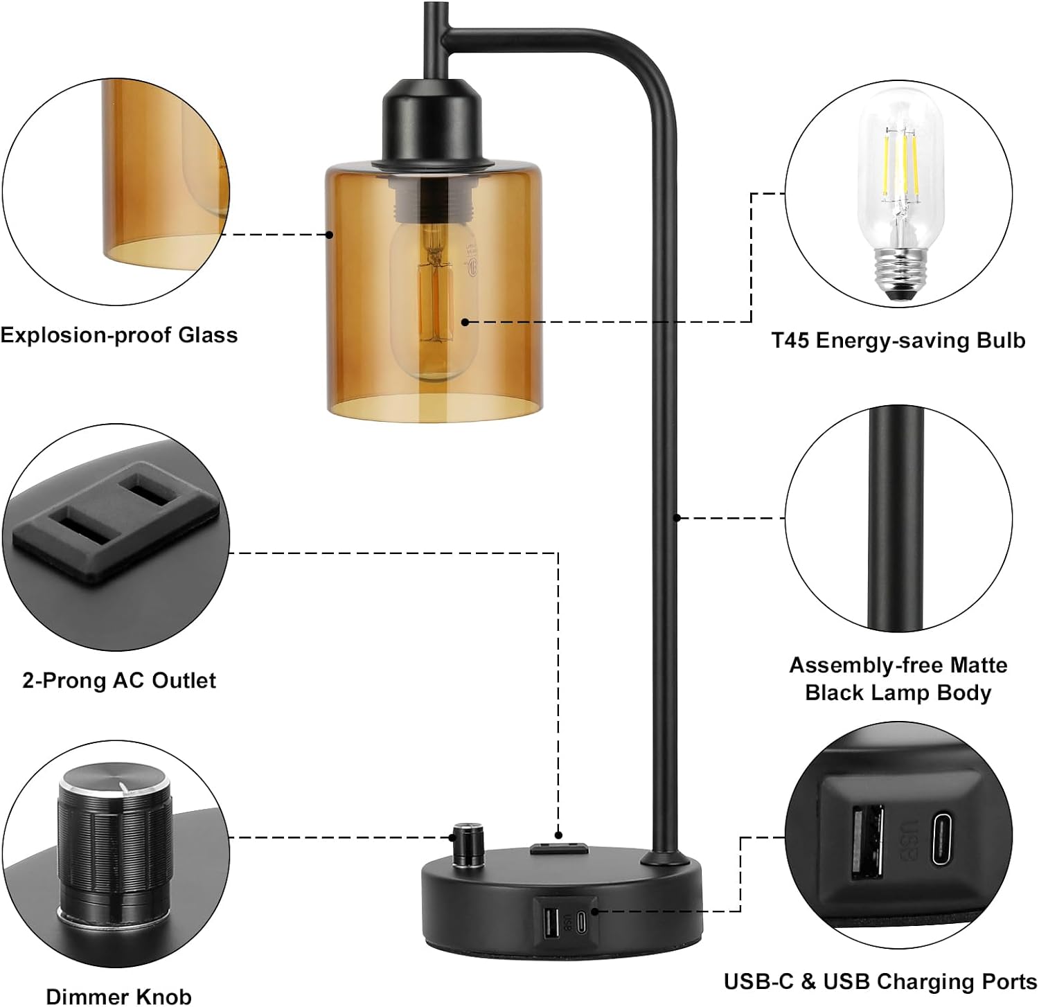 Industrial Bedside Lamps for Nightstand Set of 2 - Fully Dimmable Bedroom Lamps with USB A C Ports and Outlet, Black Table Lamps with…