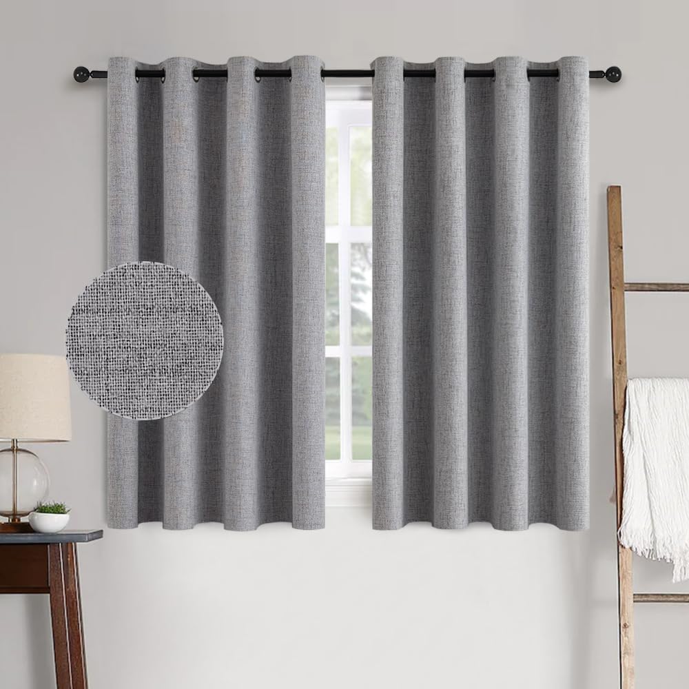 Miulee Linen Texture Curtains for Bedroom Solid 100% Blackout Thermal Insulated Grey Curtains Grommet Room Darkening Drapes Luxury Decor fo…