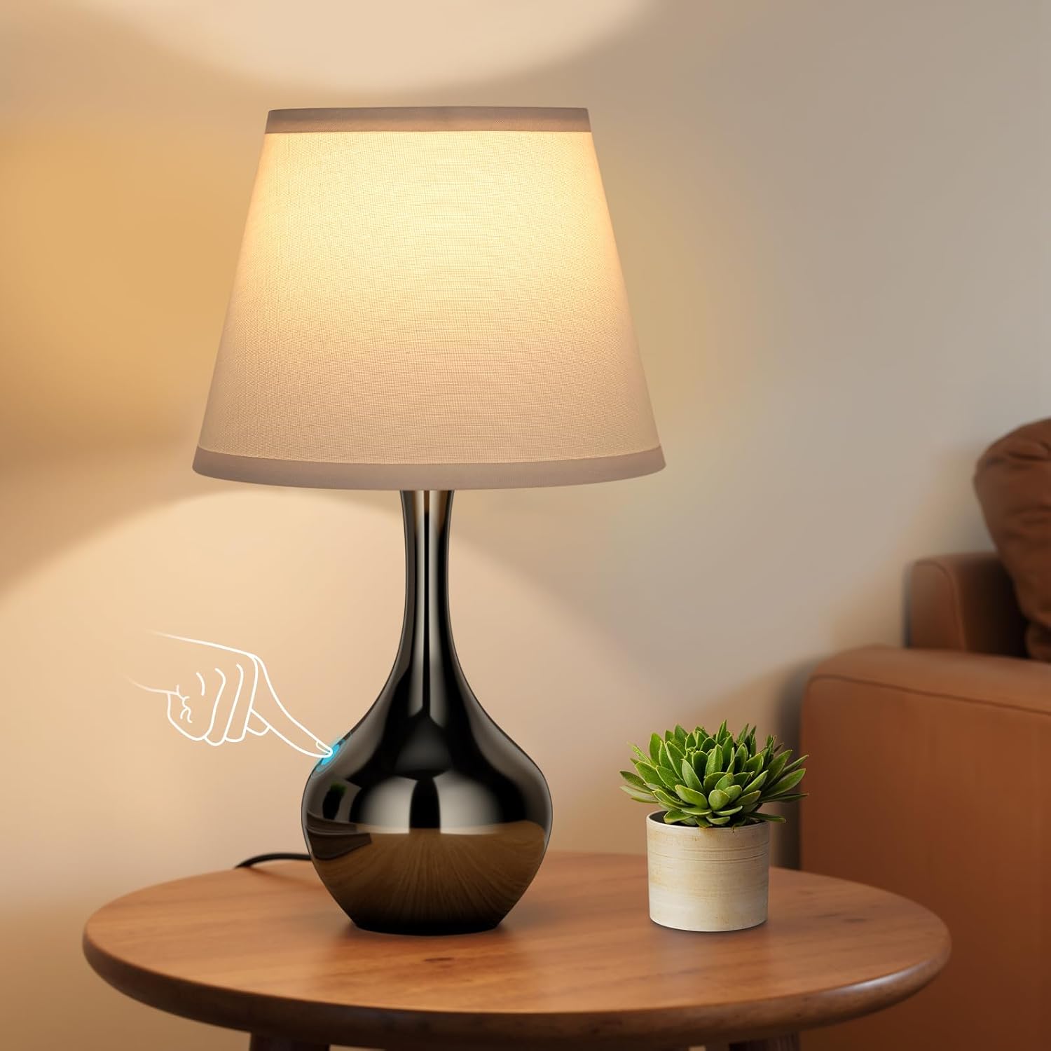 Seealle Touch Table Lamp for Bedroom, 3-Way Dimmable Small Bedside Lamps for Night Stands with Wires, Gloss Black Desk Lamp for Kids…