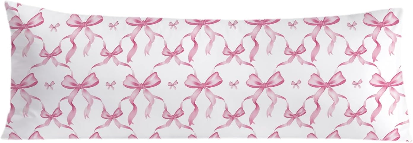Coquette Pink Bow 20x54 Body Pillow Cover, Coquette Preppy Room Dorm Decor, Girly Room Decor Aesthetic, Pink Ribbon Decorative Long Body…