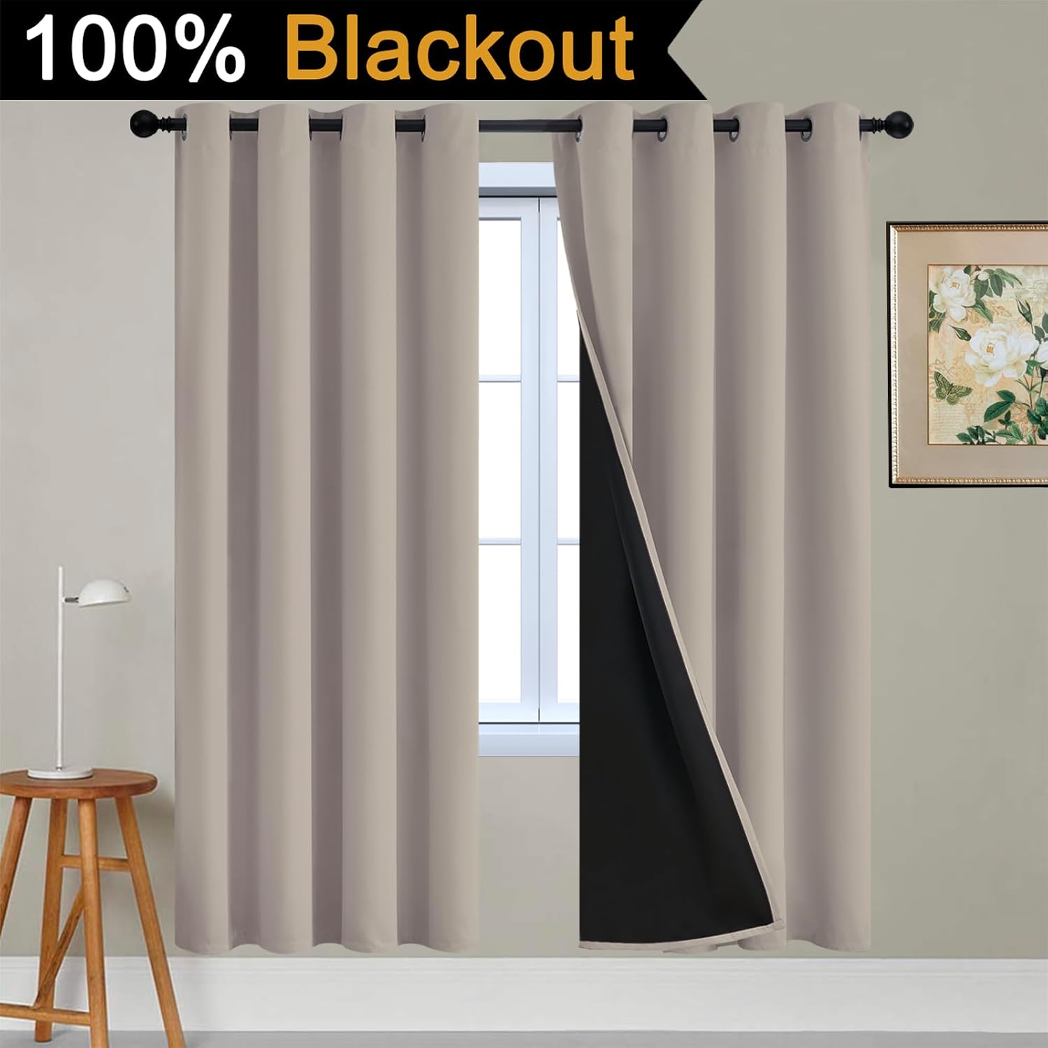 Yakamok 100% Blackout Curtains 72 Inches Long, 2 Thick Layers Heat and Full Light Blocking Soft Thermal Insulated Drapes for Bedroom(52" Wi…