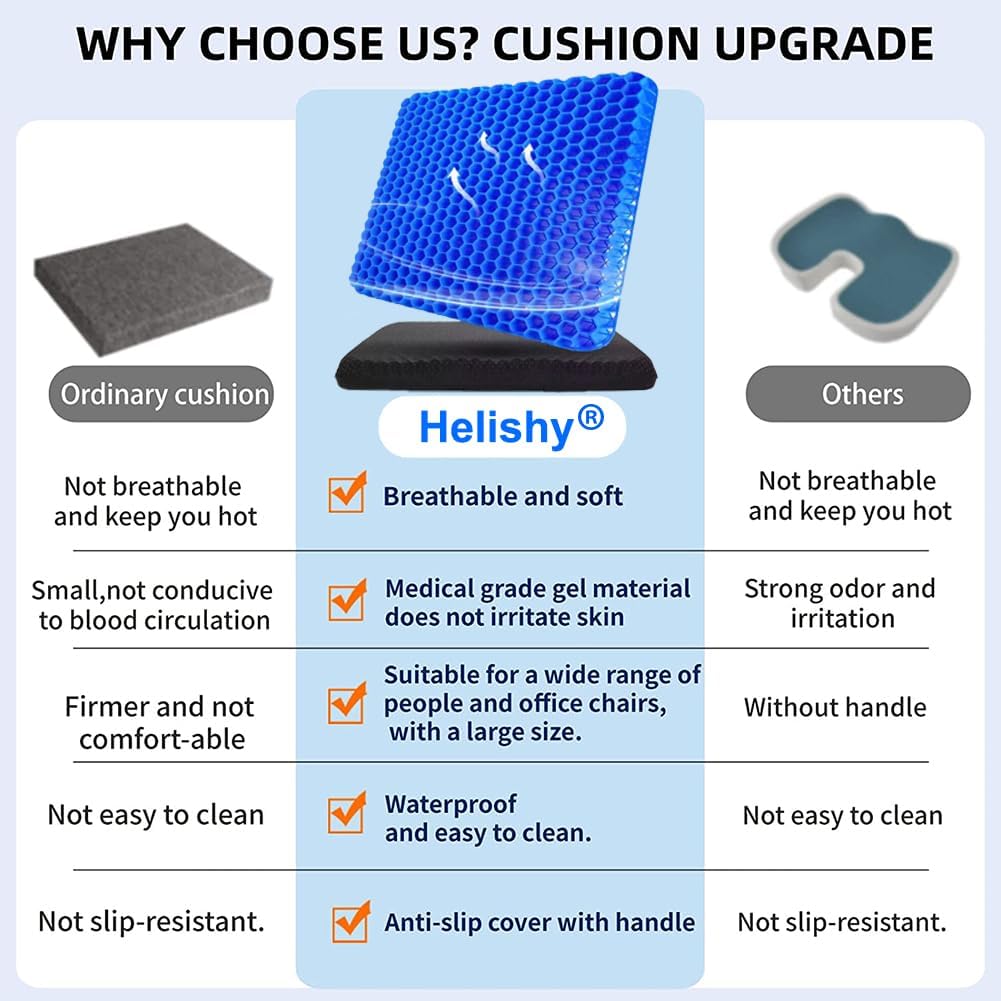 Helishy Gel Seat Cushion, Jumbo&Thick Gel Cushion Chair Pads with Non-Slip Cover for Home Office Car Seat Wheelchair, Soft Breathable Honey…