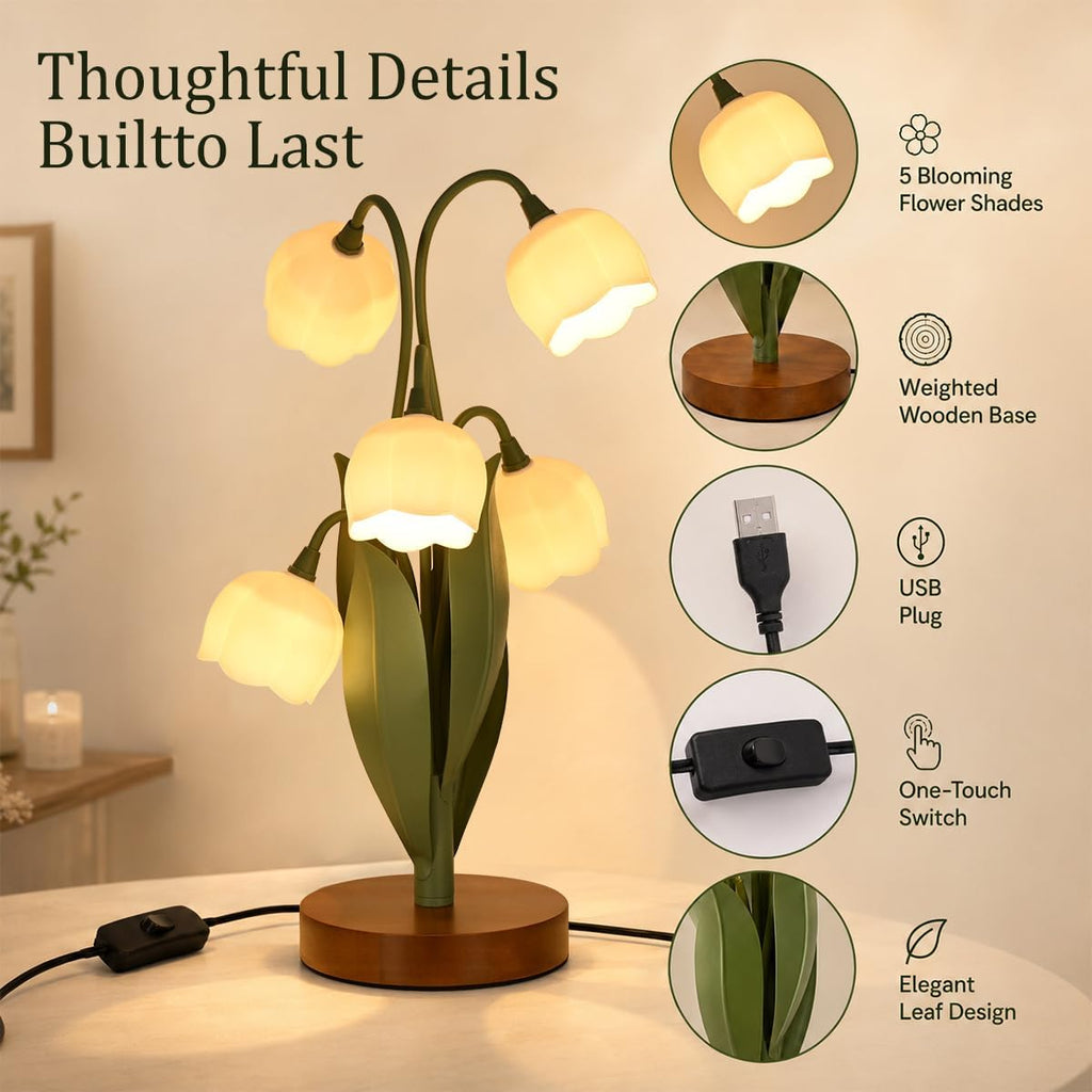Flower Table Lamp for Bedroom, Cute Flower Reading Light with 5 White Lily of The Valley, Desk Lamp Bedside Lamps for Nightstands Home…