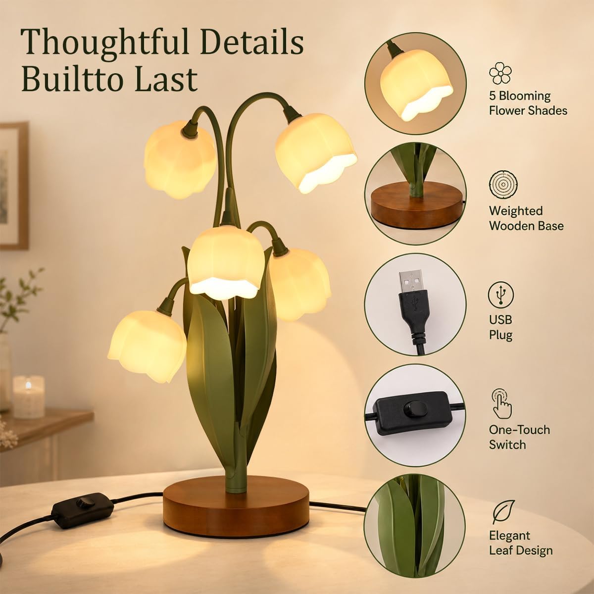 Flower Table Lamp for Bedroom, Cute Flower Reading Light with 5 White Lily of The Valley, Desk Lamp Bedside Lamps for Nightstands Home…