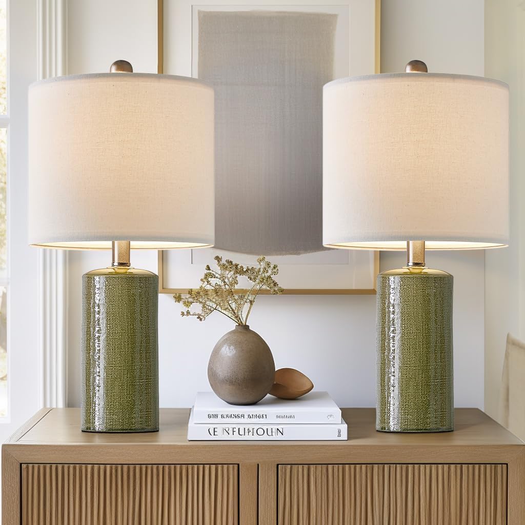 G-SAFAVA 20.25" Small Table Lamps Set of 2 Modern Ceramic Lamps for Living Room Farmhouse Bedside Lamps Boho Lamps for Night Stands Green…