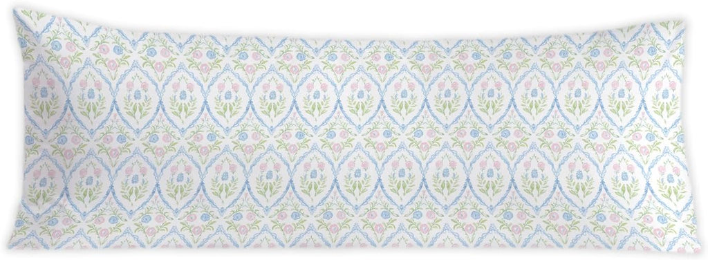 Pink and Blue Grandmillennial Floral 20x54 Body Pillow Cover, Grand Millenial Decor, Farmhouse Decor, Rustic Cottagecore Flower Botanical…