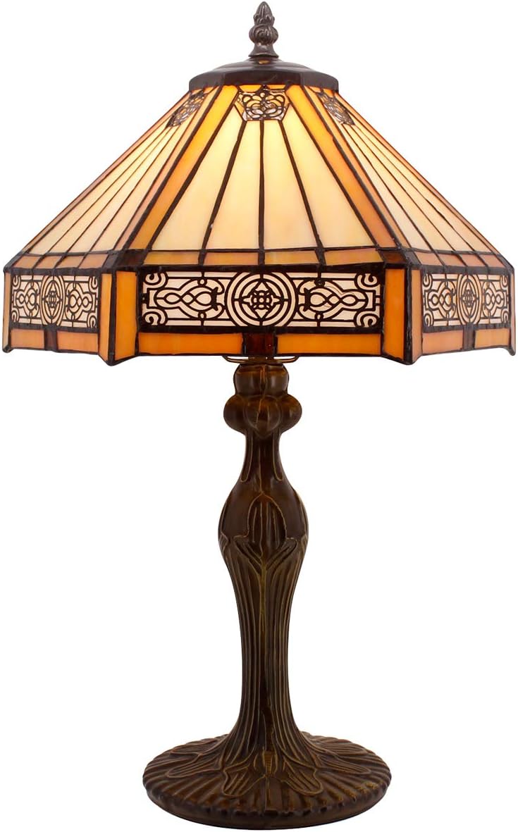 WERFACTORY Tiffany Lamp Yellow Hexagon Stained Glass Mission Style Table Lamp Desk Bedside Reading Light 12X10X18 Inches Decor Bedroom…
