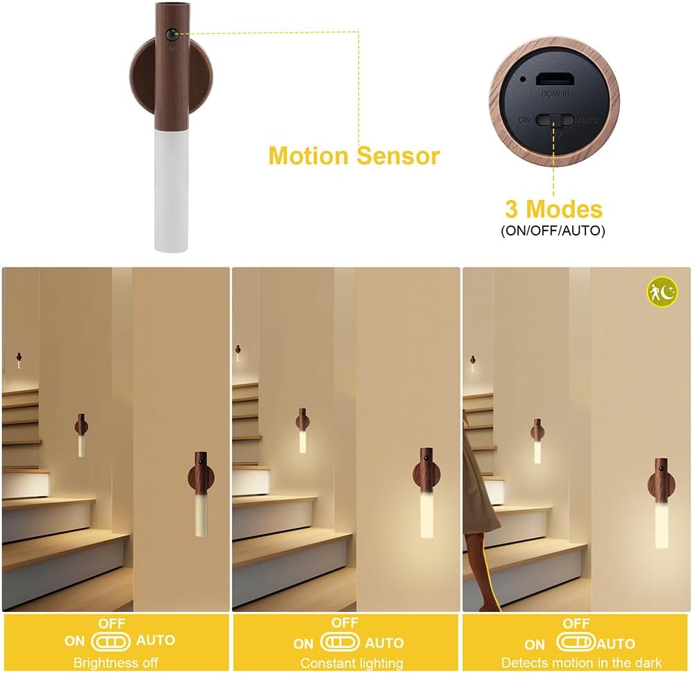 LANDGOO Wooden Motion Sensor Night Lights Magnet Body Sensor Hallway Night Lights Rechargeable Led Light Portable Stairway Wall Sconce…