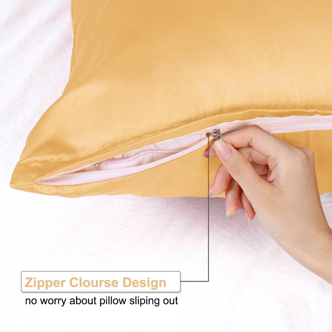 uxcell Travel Satin Pillowcase with Zipper, Super Soft and Luxury, Silky Pillow Cases Covers Set of 2, 14"x20", Champagne