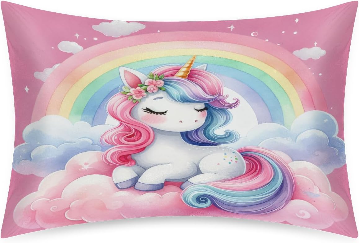 Unicorn Rainbow Cloud Satin Silk Pillowcase for Hair and Skin Pillow Cases Queen Size Soft Silk Pillow Case with Envelope Closure Print…