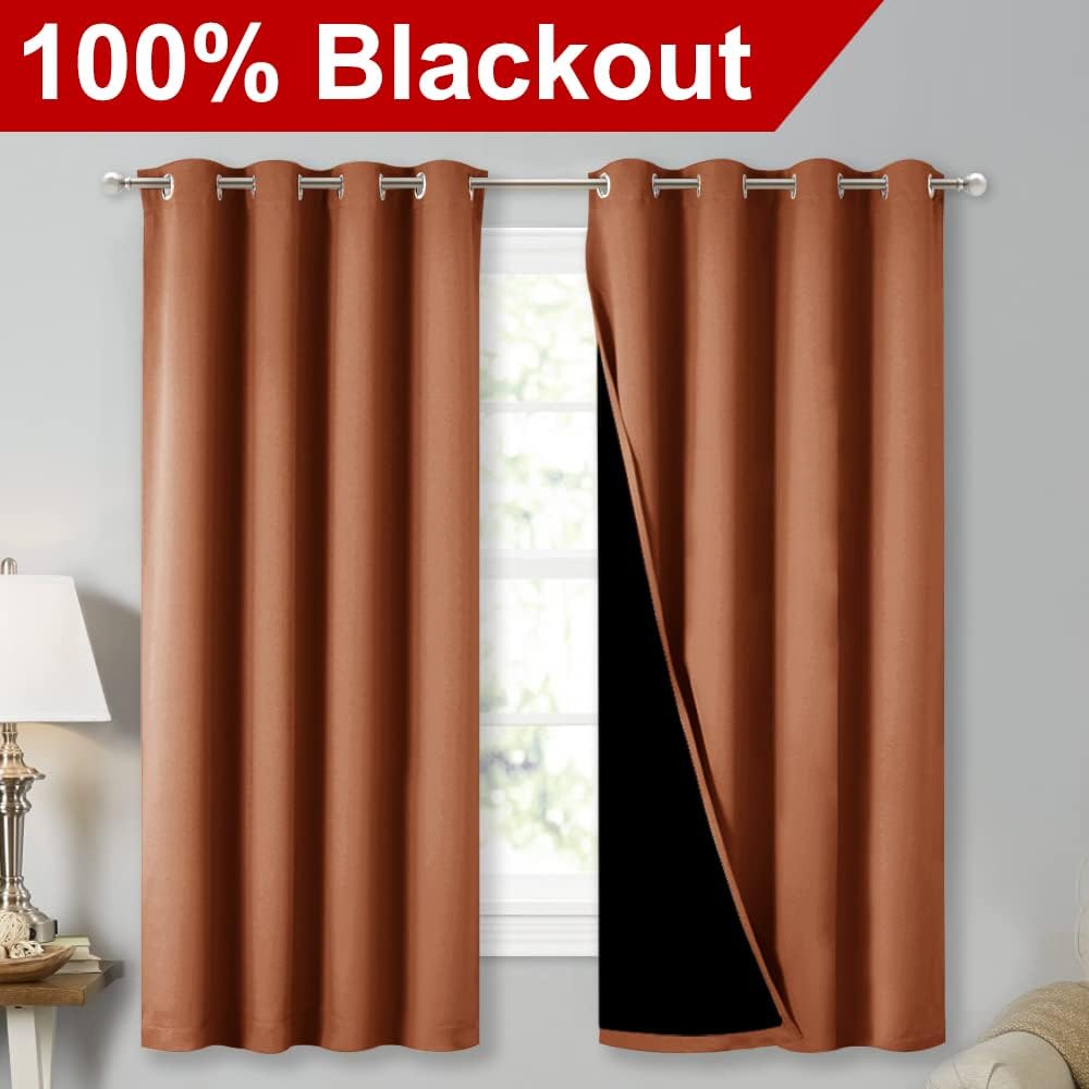 Nicetown Burnt Orange 100% Blackout Lined Curtains, 2 Thick Layers Completely Blackout Window Treatment Thermal Insulated Drapes for Kitche…