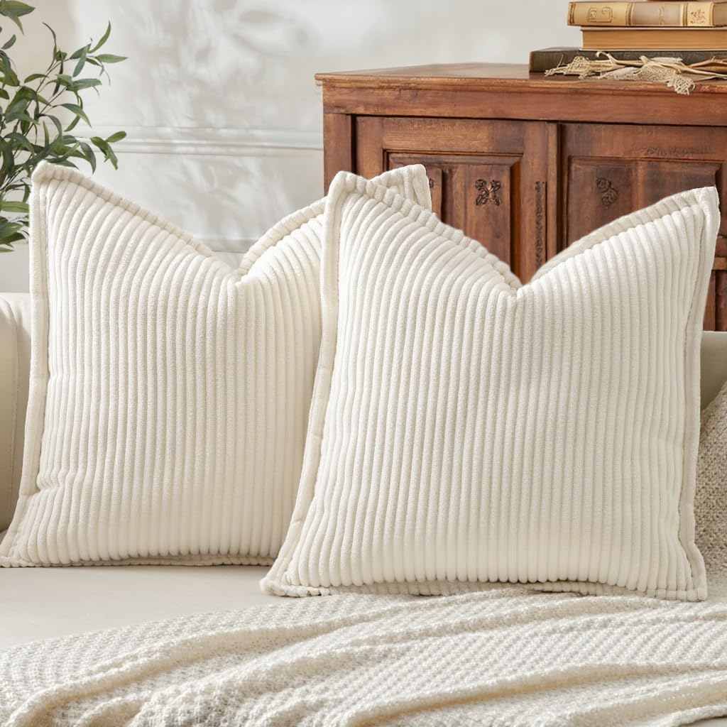 Mecatny Corduroy Summer Throw Pillow Covers 16x16 Set of 2, Neutral Decorative Soft Boho Couch Pillow Covers with Broadside for Sofa…