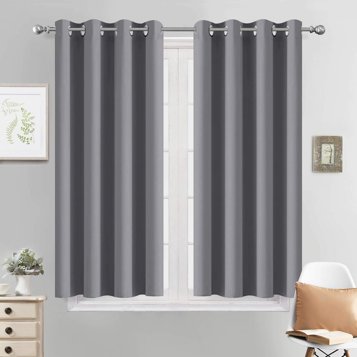 Yakamok Grey Blackout Curtains for Bedroom, Light Blocking Thermal Insulated Grommet Blackout Drapes for Living Room(52W by 45L, Grey, 2…