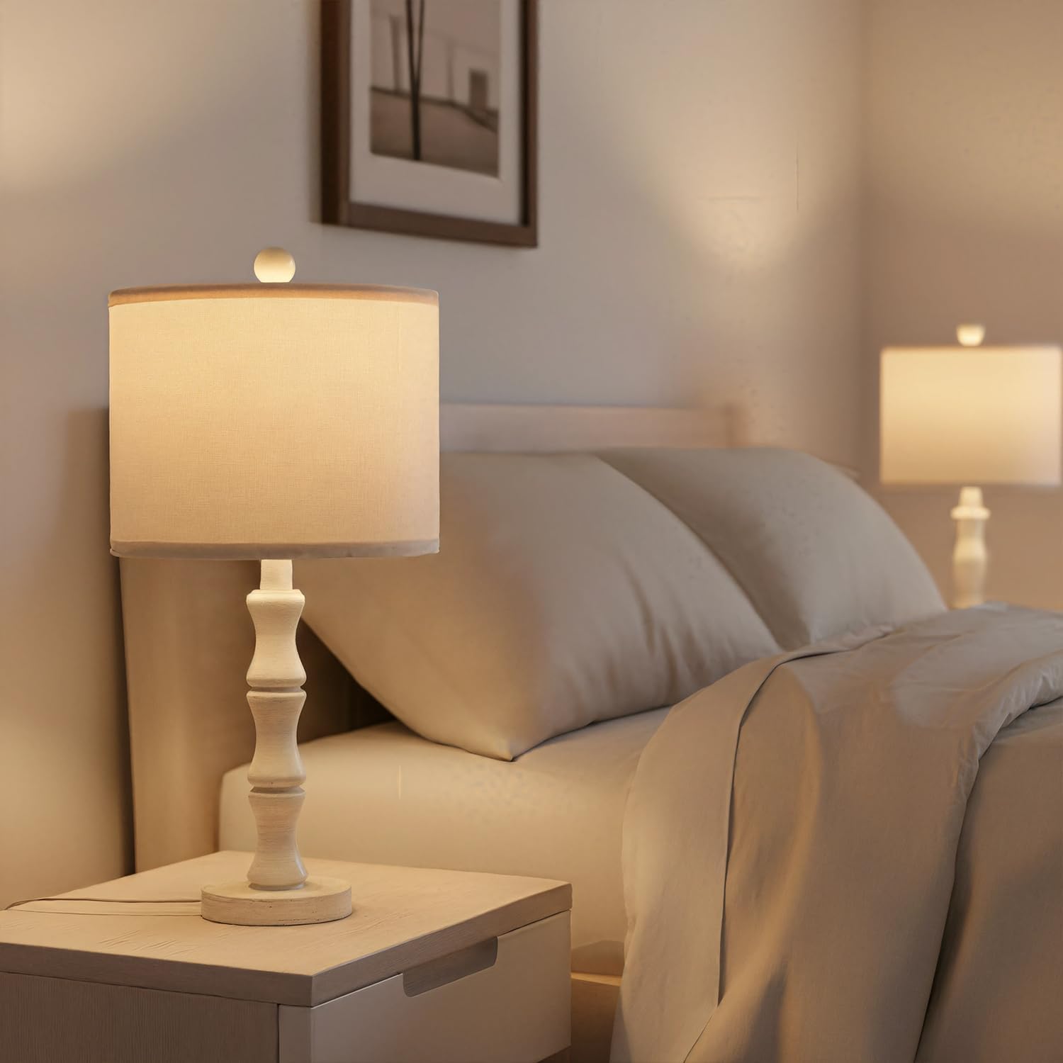 BOBOMOMO 20.5" Farmhouse Bedside Lamps Set of 2, Vintage Nightstand Lamps with Antique White Resin Base & Linen Shade, Small Table Lamps…