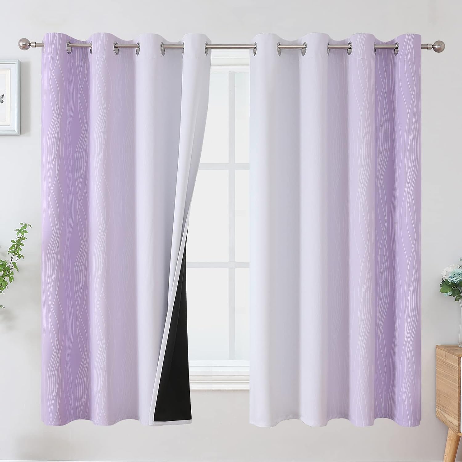 Estelartextiler Estelar Textiler Lilac and Greyish White Blackout Curtains 63 Inch Length 2 Panels Set, Room Darkening Grommet Ombre Curtai…