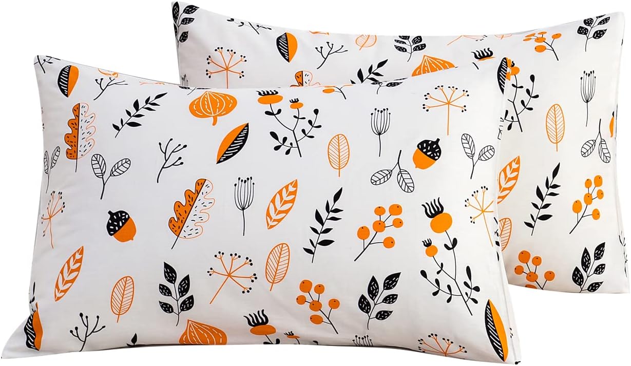 YuHeGuoJi Floral Pillow Cases Set of 2 Queen 100% Cotton Orange White Pillow Covers Decorative Botanical Pillow Encasement Fall Winter Flow…