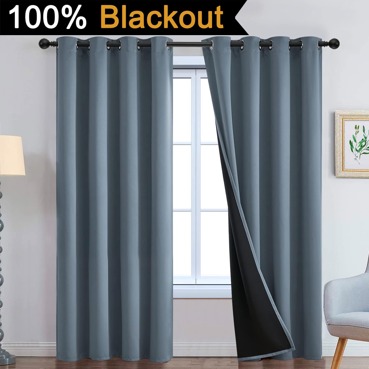Yakamok 100% Blackout Lined Panels, Thermal Insulated Blackout Curtains for Bedroom, Heat Blocking Drapes for Living Room(52Wx84L, Stone…