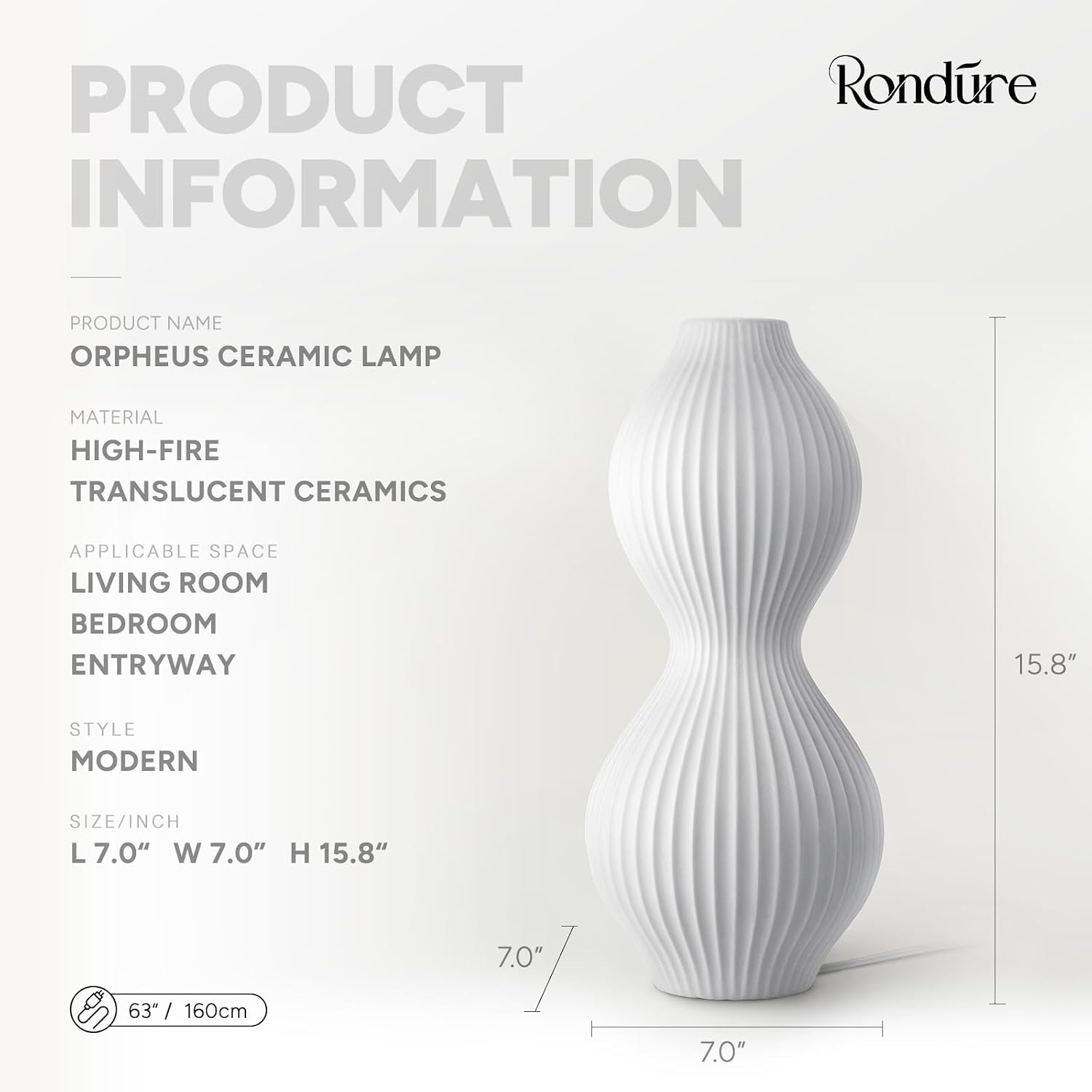 Rondure 15.8" Modern Ceramic Table Lamp, Fully Dimmable Modern Bedside Lamps for Bedroom, Living Room and Nightstand, White Translucent Cer…