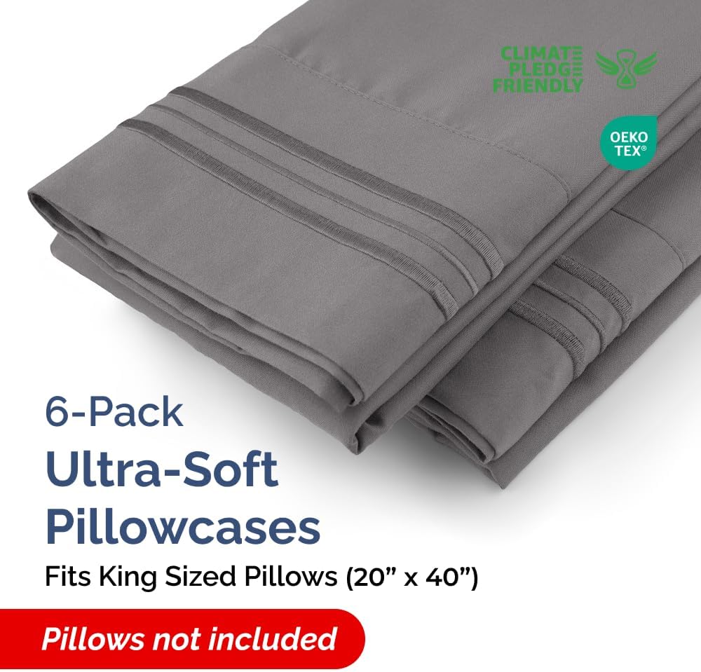 King Pillow Cases Set of 6 - Ultra Soft Hotel Quality Pillowcase Covers - Comfy. Cozy & Wrinkle Free - Shrink, Stain and Fade Resistant…