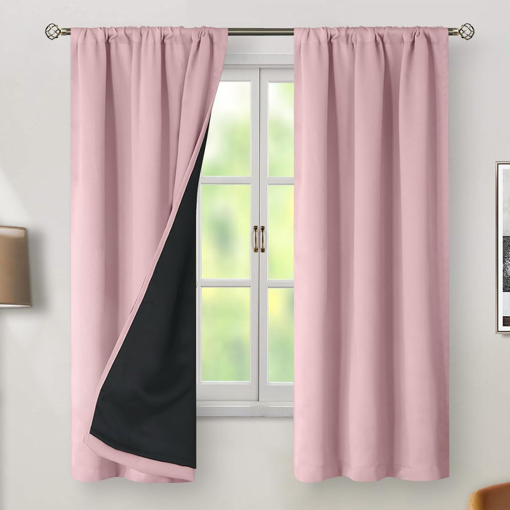 BGment Pink 100% Blackout Curtains 63 Inches Long with Thermal Insulated Liner, Rod Pocket and Back Tab Double Layer Full Room Darkening…
