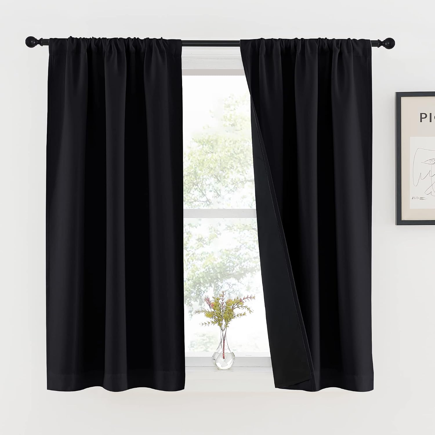 Nicetown Black 100% Blackout Curtains 45 inches Long for Kitchen, Rod Pocket Basement Completely Blackout Window Treatment Thermal Insulate…