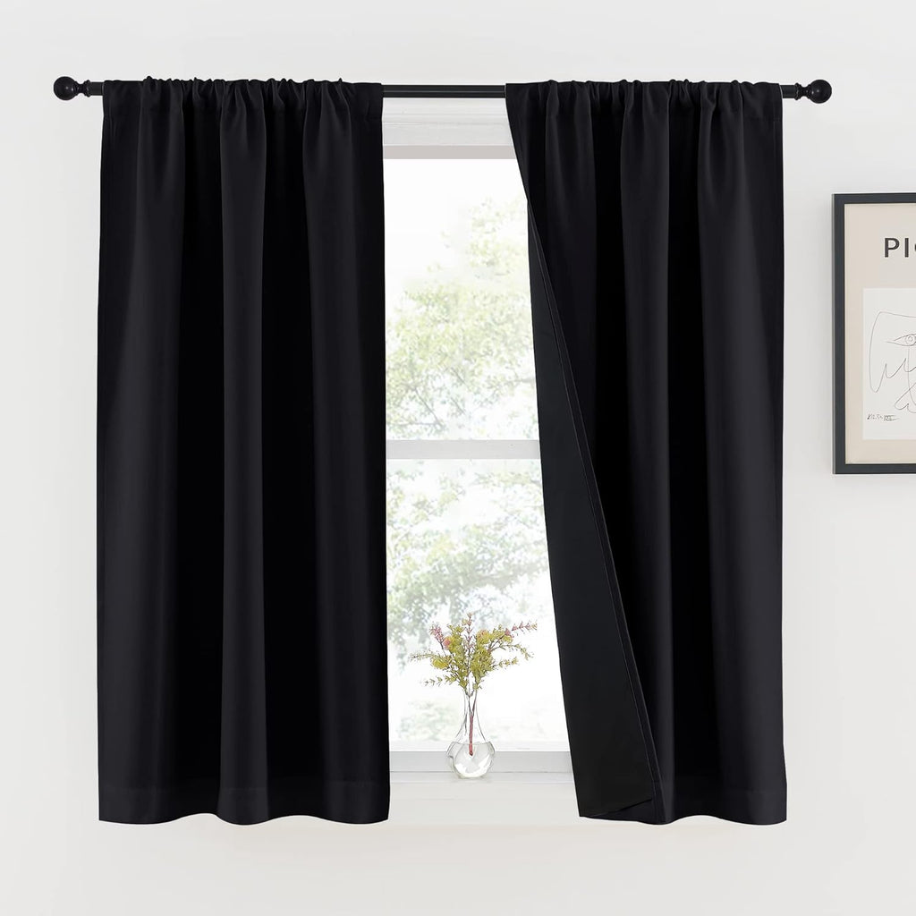 Nicetown Black Kitchen 100% Blackout Curtains 48 inches Long, Rod Pocket Basement Completely Blackout Window Treatment Thermal Insulated Li…