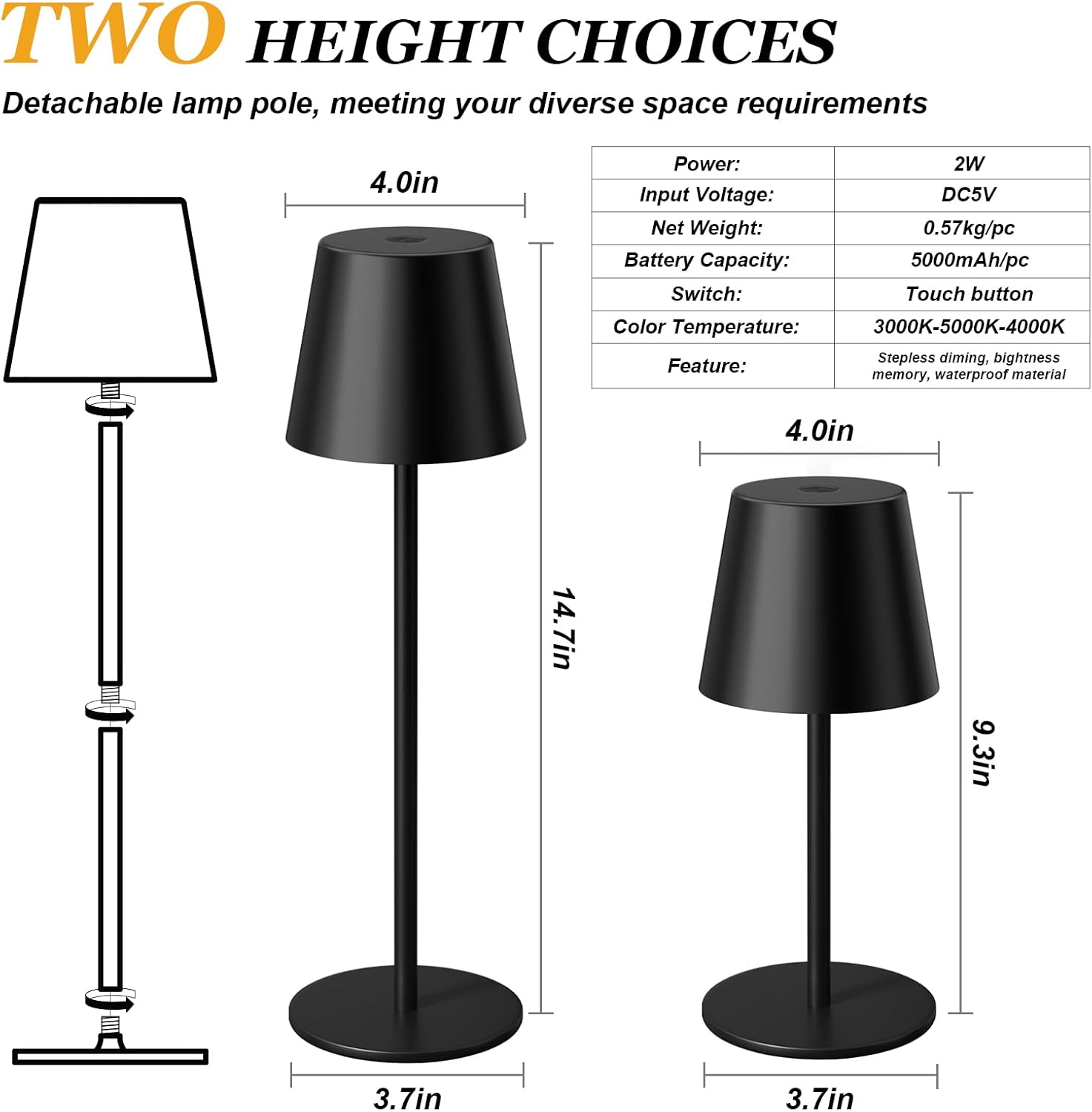 Kakanuo Cordless Table Lamp Rechargeable Black - KK 2 Pack 5000mAH Battery Operated Lamp for Counter, 3 Color Stepless Dimming Wireless…