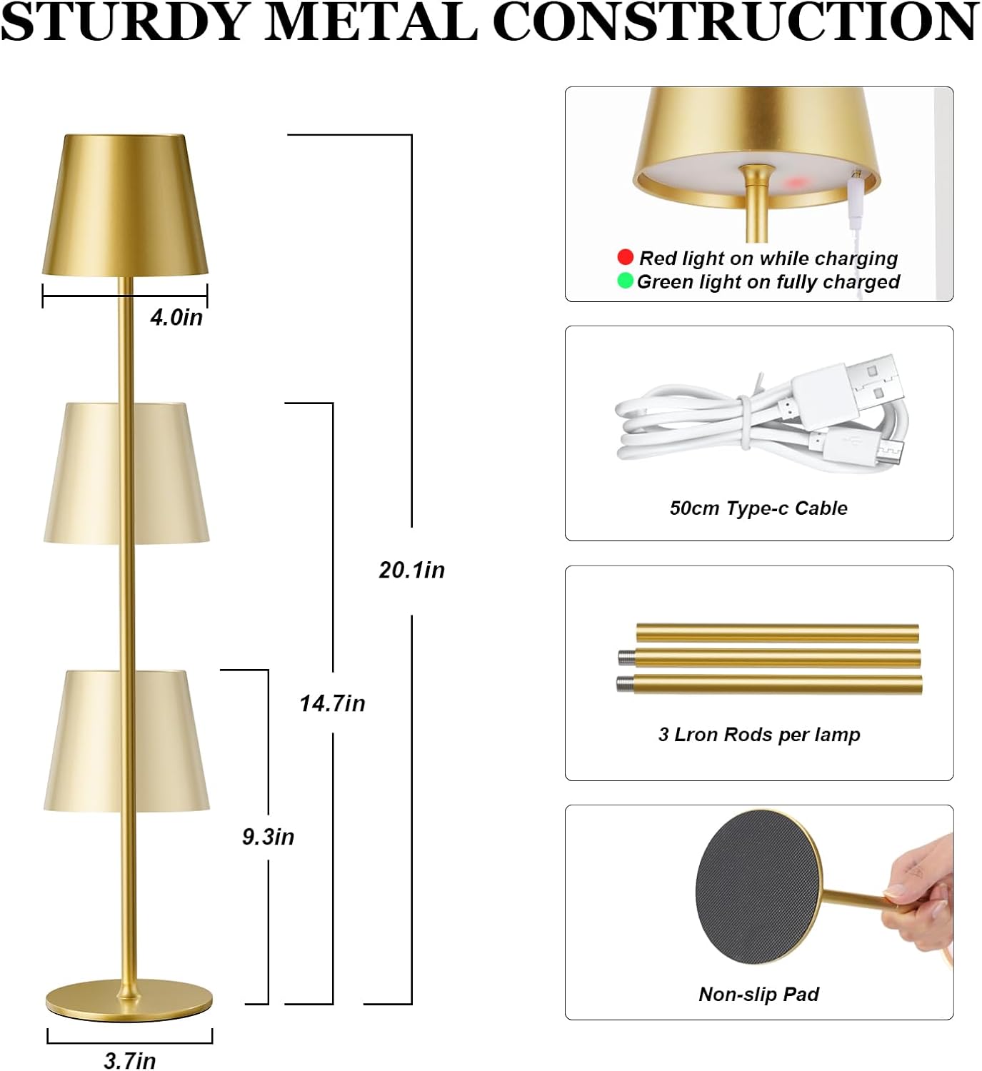 Kakanuo 20" Cordless Table Lamp Rechargeable Gold - 2 Pack 5000mAH Battery Operated Lamp for Counter, 3 Color Stepless Dimming Wireless…