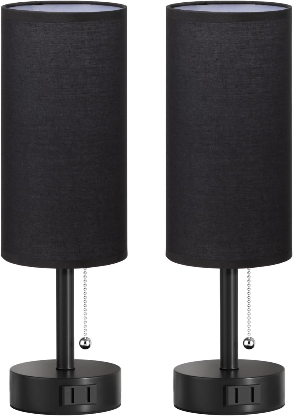 Fenmzee Black Bedside Table Lamps Set of 2-3 Color Temperatures Pull Chain Lamp with AC Outlet Charging Port, Round Night Stand Lamps for…