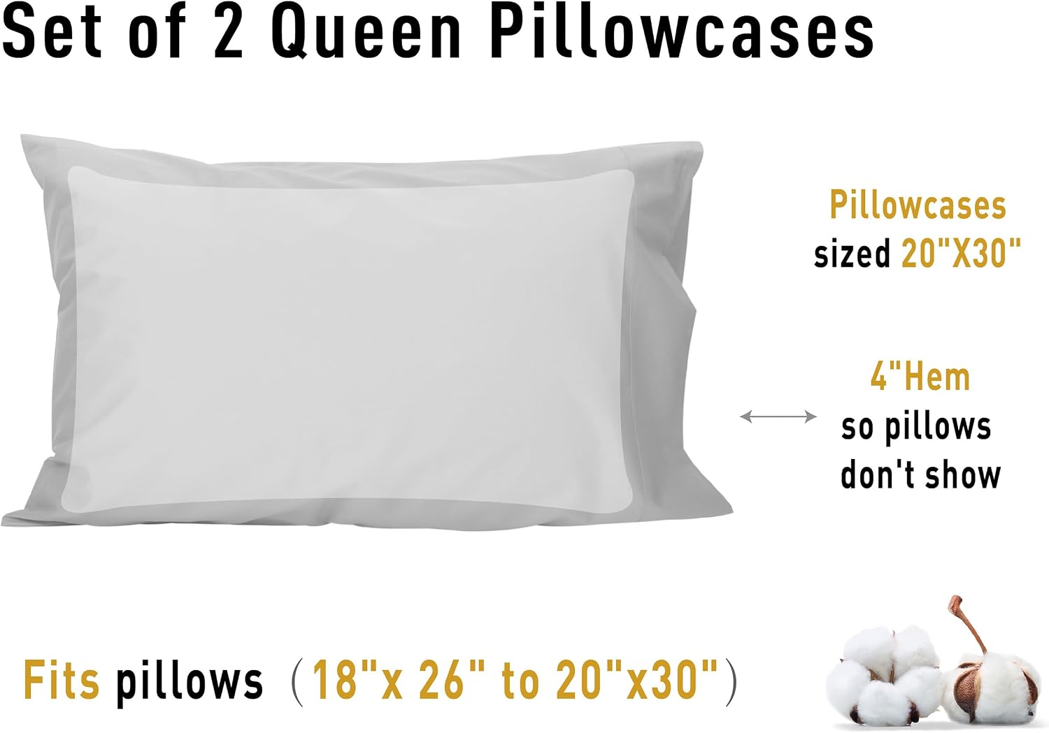 Sunflower Queen Pillowcases Set of 2, 100% Cotton Queen Size Pillow Cases 2, 20×30 inches Ultimate Gray, Soft and Breathable