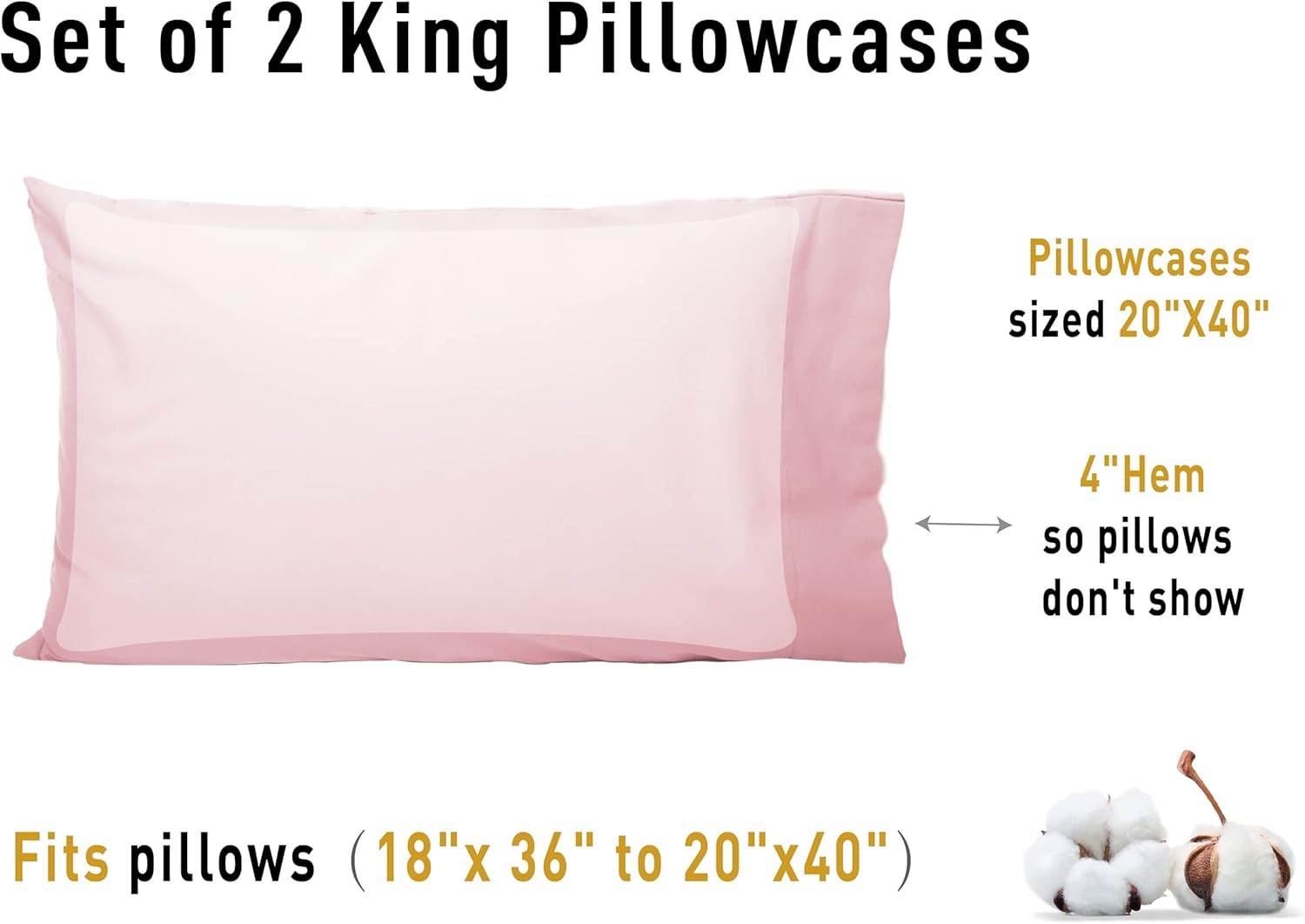 Sunflower King Pillowcases Set of 2, 100% Cotton King Pillow Cases 2, 20×40 inches Dark Pink, Soft and Breathable