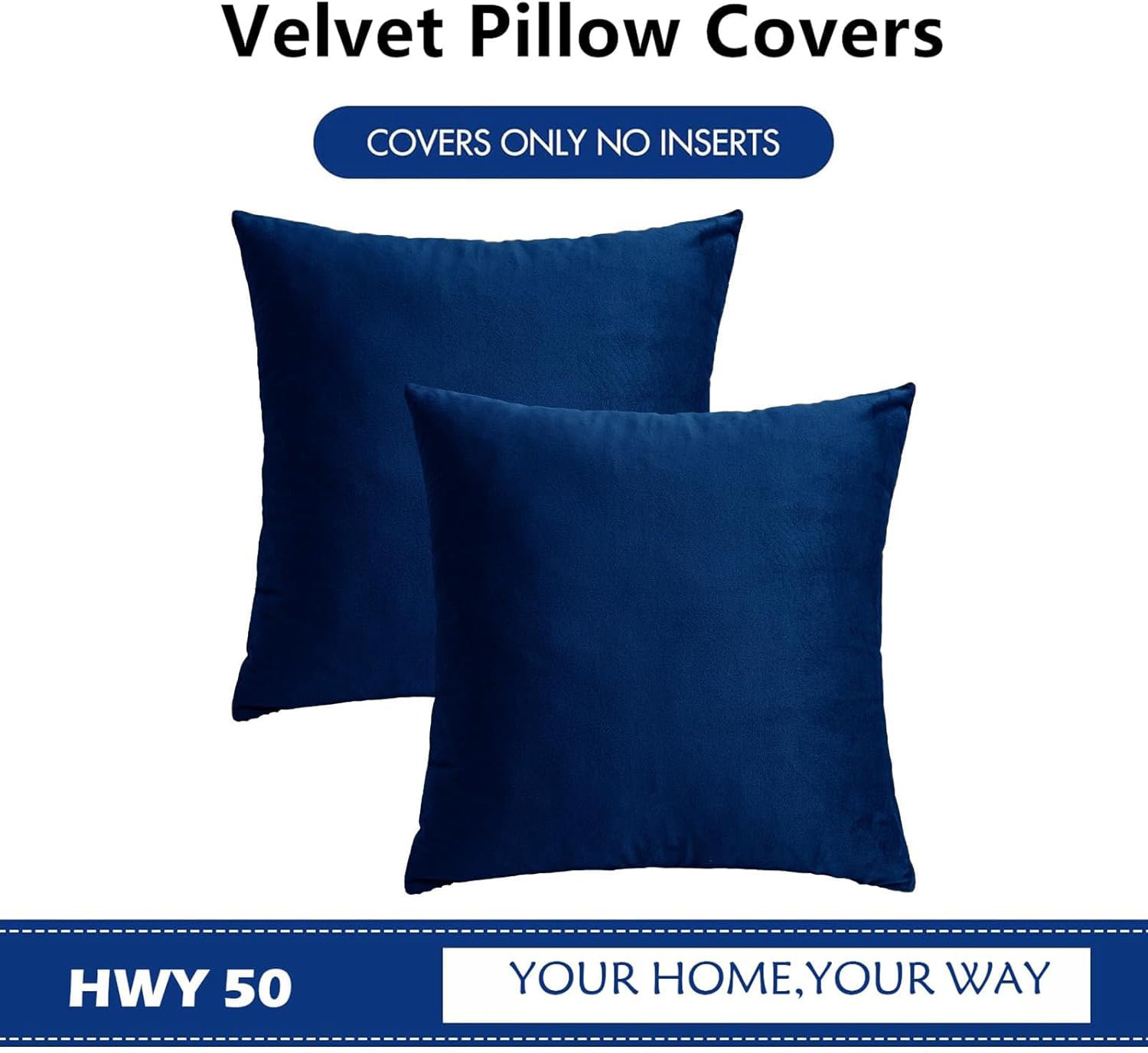HWY 50 Navy Blue Velvet Throw Pillow Covers 20x20 Inch, Pack of 2 Soft Cozy Solid Decorative Luxury Cushion Cases for Couch Sofa Bed…