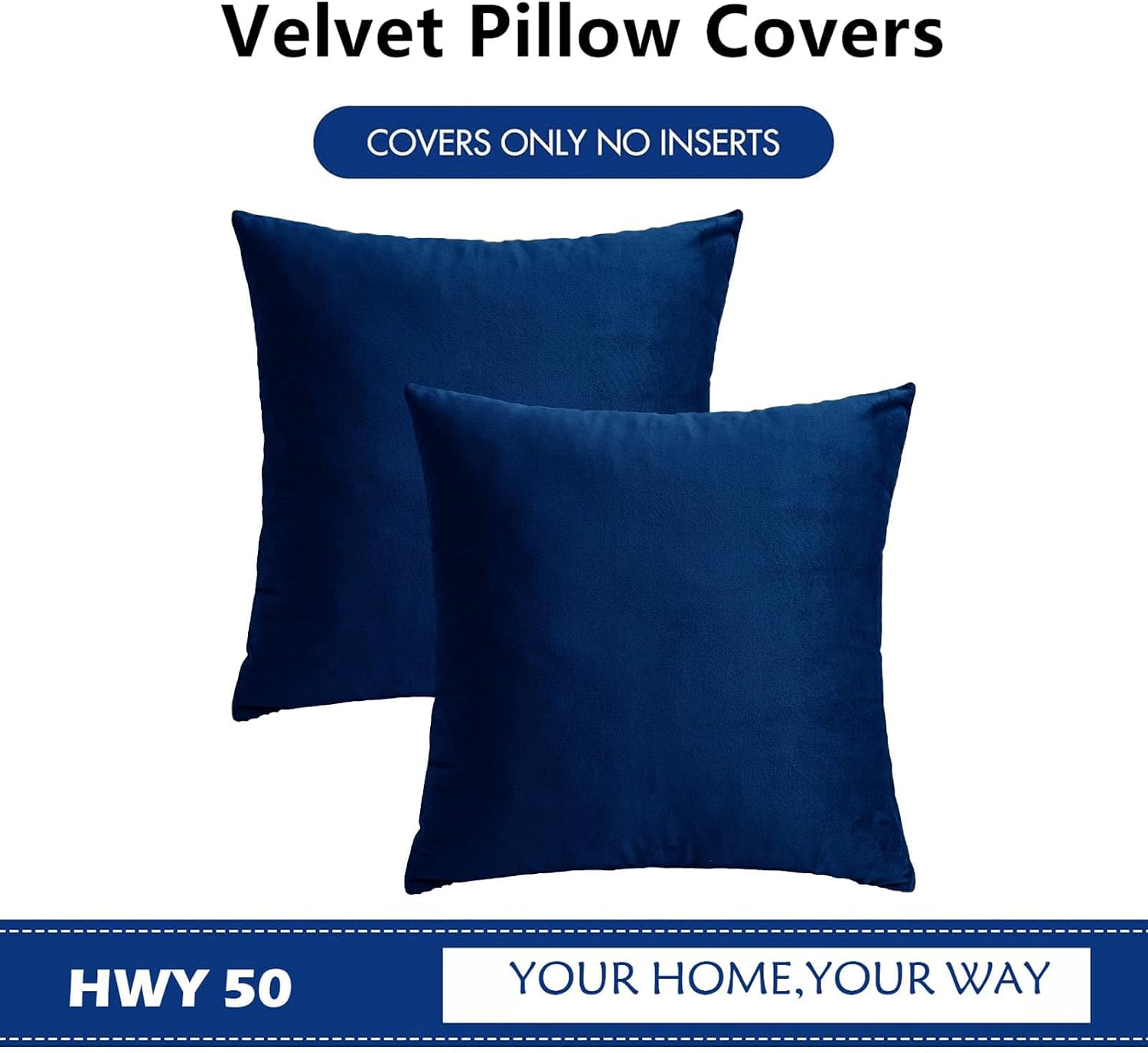 HWY 50 Navy Blue Velvet Throw Pillow Covers 18x18 Inch, Pack of 2 Soft Cozy Solid Decorative Luxury Cushion Cases for Couch Sofa Bed…