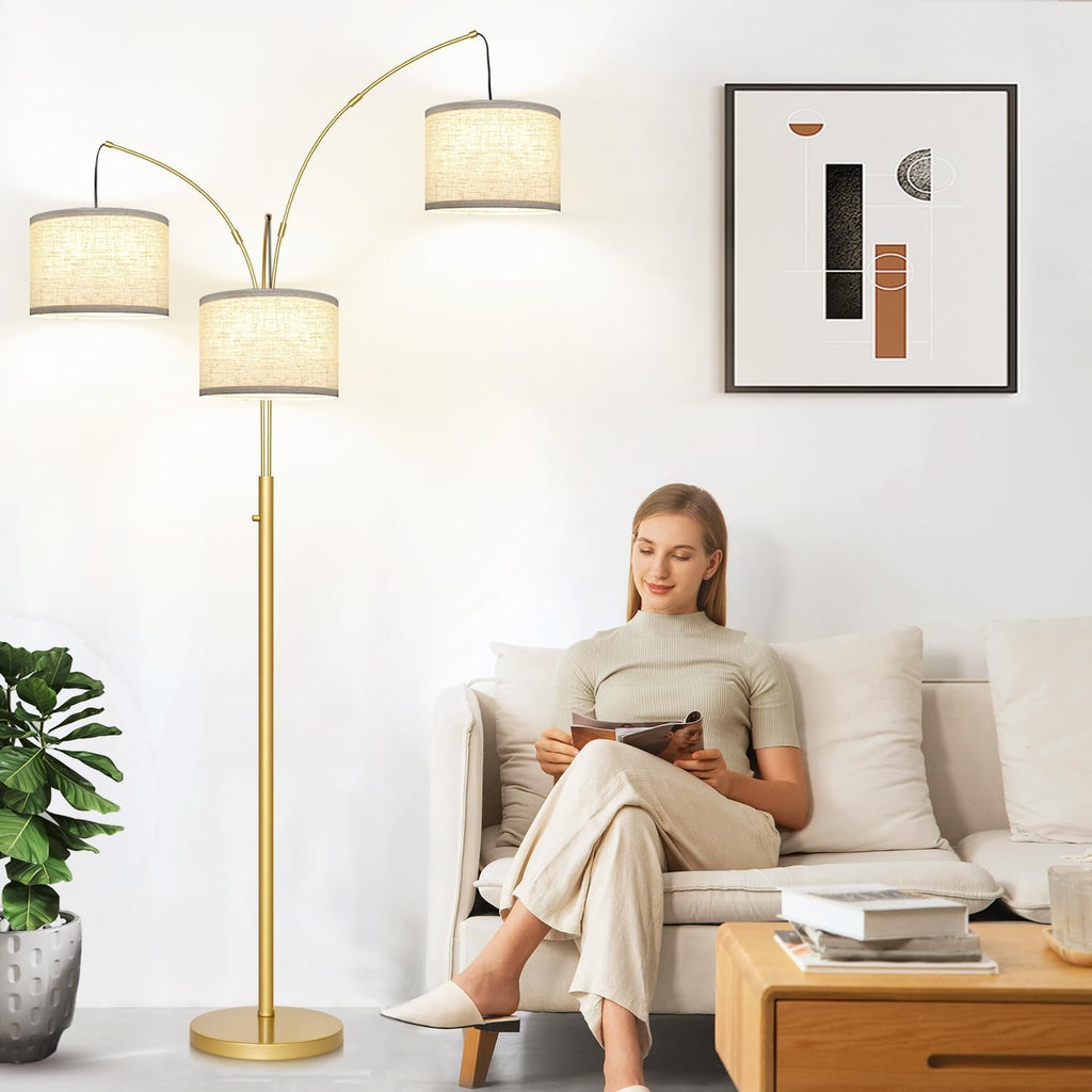 Nintiue Dimmable Floor Lamp - 3 Lights Gold Arc Floor Lamps for Living Room, 1000LM Modern Tall Standing Lamp with White Shades, Mid…