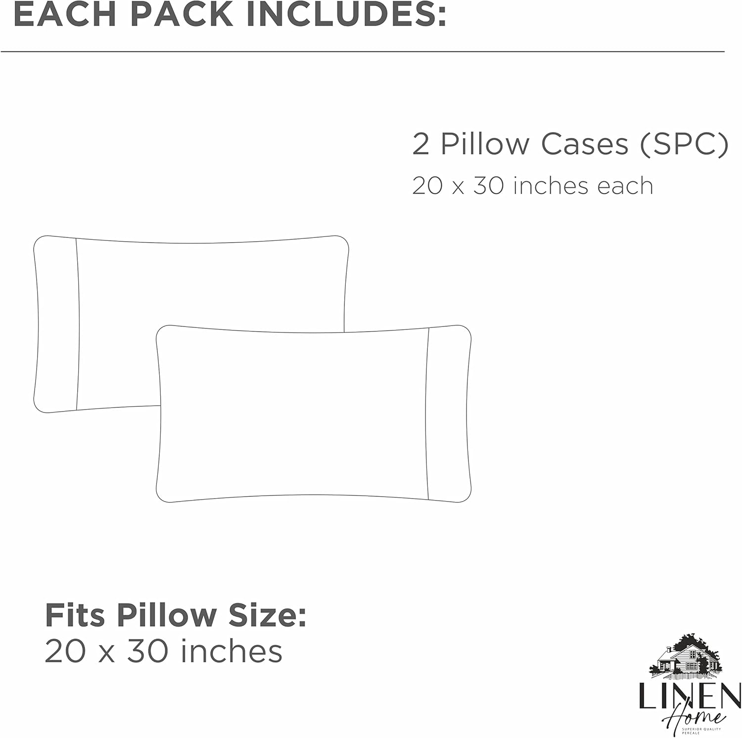 Linen Home 100% Cotton Percale Pillowcases Standard/Queen Size Set of 2 - Crisp & Cooling, Long Staple Hotel Quality, 20x30, Charcoal