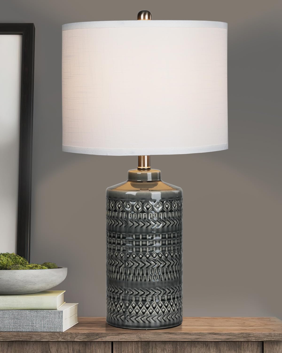Modern Ceramic Table Lamp, 24.5" Living Room Lamps 3-Way Dimmable Gray Nightstand Lamp with White Shade|Tall Bedside Lamp Desk Decor…
