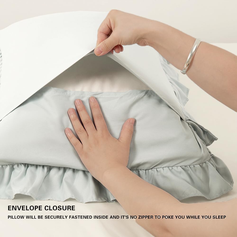 Sewdudely King Pillowcases Set of 2, 20x36 Pillowcase Envelope Closure Light Blue Ruffled Pillow Shams, Soft Breathable and Non Shri…