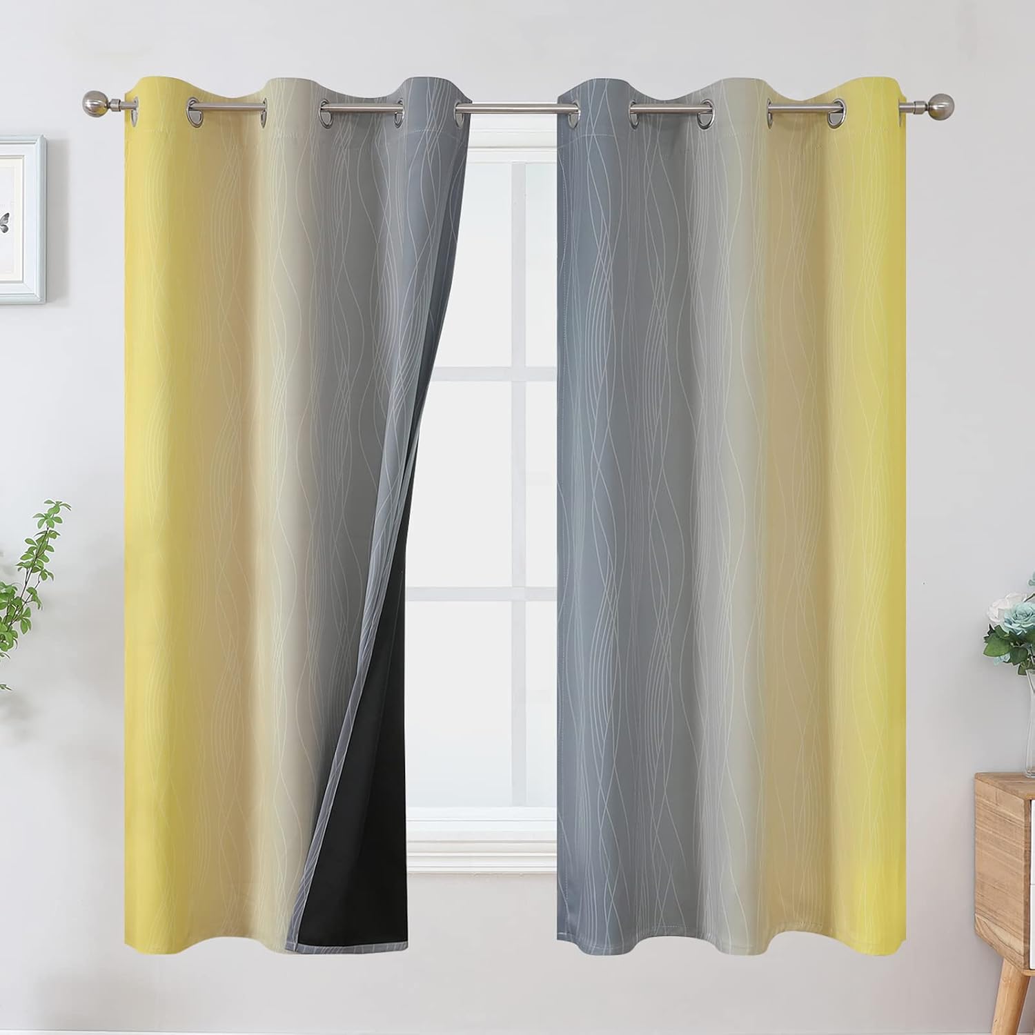 Estelartextiler Ombre Gray and Yellow Blackout Curtains 63 Inch Length 2 panels, Full Room Darkening Curtains for Kids Room, Grommet Therma…
