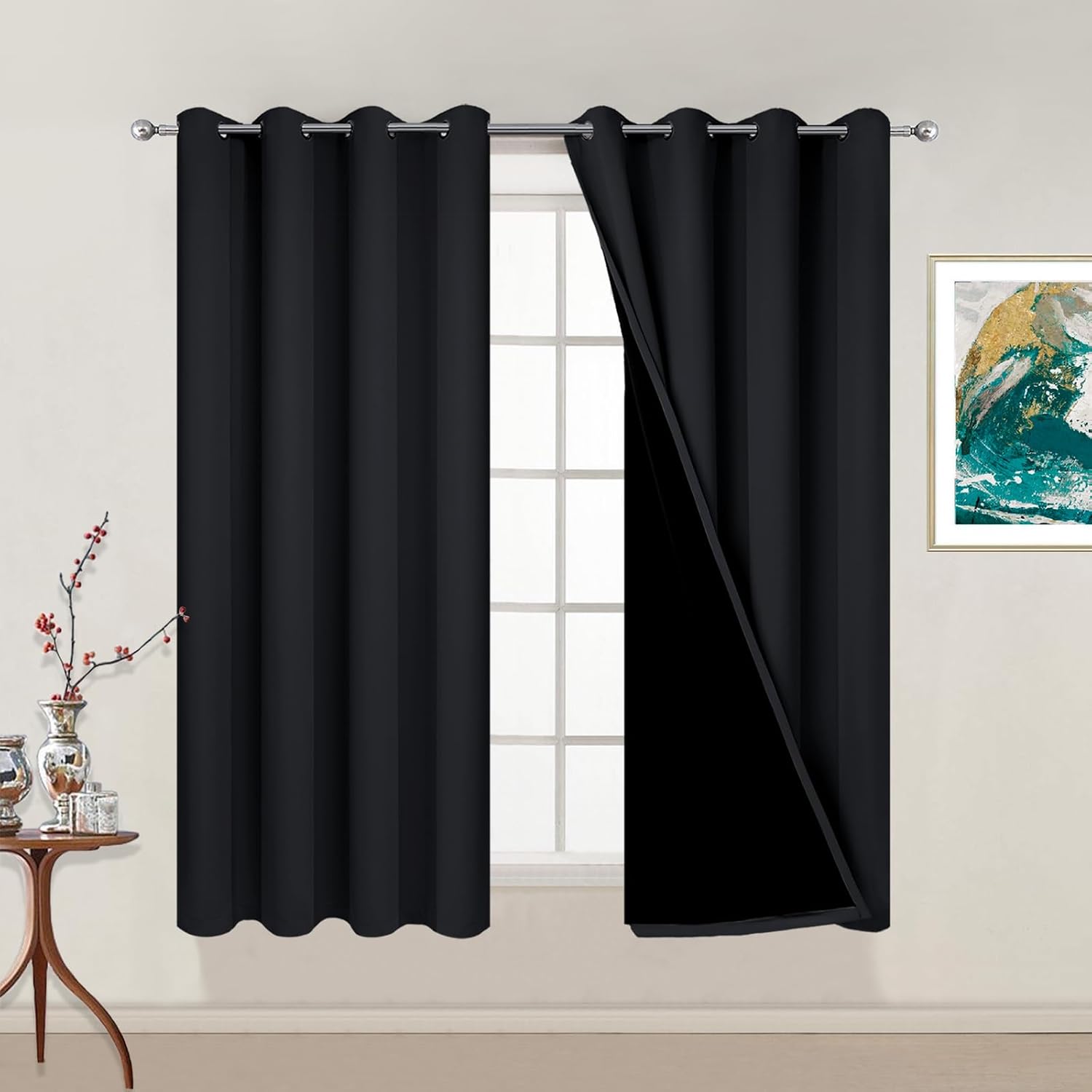 Yakamok 54 Inch Length 100% Blackout Curtains for Bedroom, 2 Thick Layers Thermal Insulated Grommet Total Blackout Drapes with Black Liner…