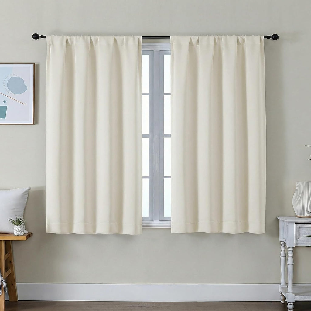 Simplebrand Ava Light Beige Short Light Filtering Curtains for Bedroom 45 Inches Long 2 Panels Set, Solid Thermal Insulated, Energy Saving…