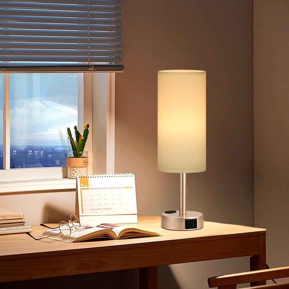 Antique White Bedside Table Lamp for Bedroom - 3 Way Dimmable Touch Lamp USB C Charging Ports and AC Outlet, Small Lamp Gold Base Round…