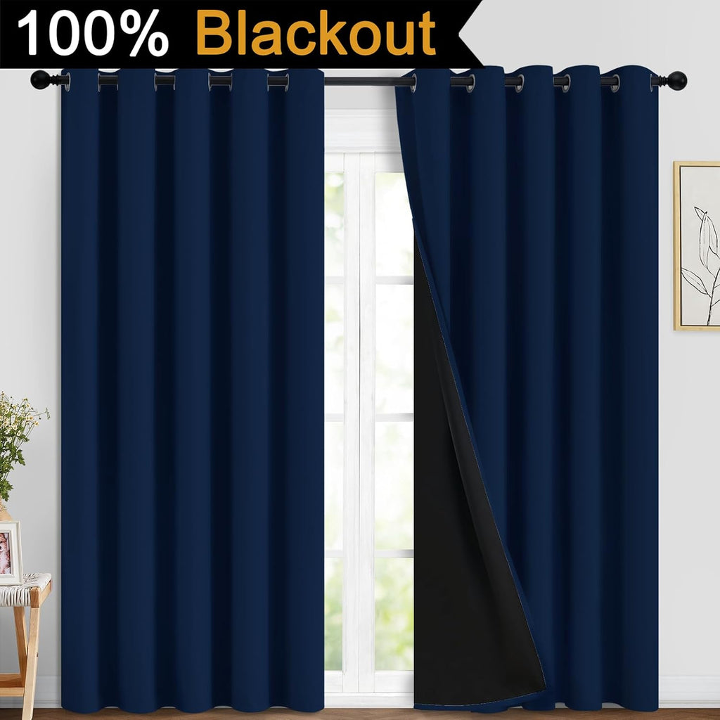 Yakamok Navy Blue 100% Blackout Curtains Energy Saving Thermal Insulated 2 Thick Layers Completely Blackout Drapes with Black Liner for Bed…