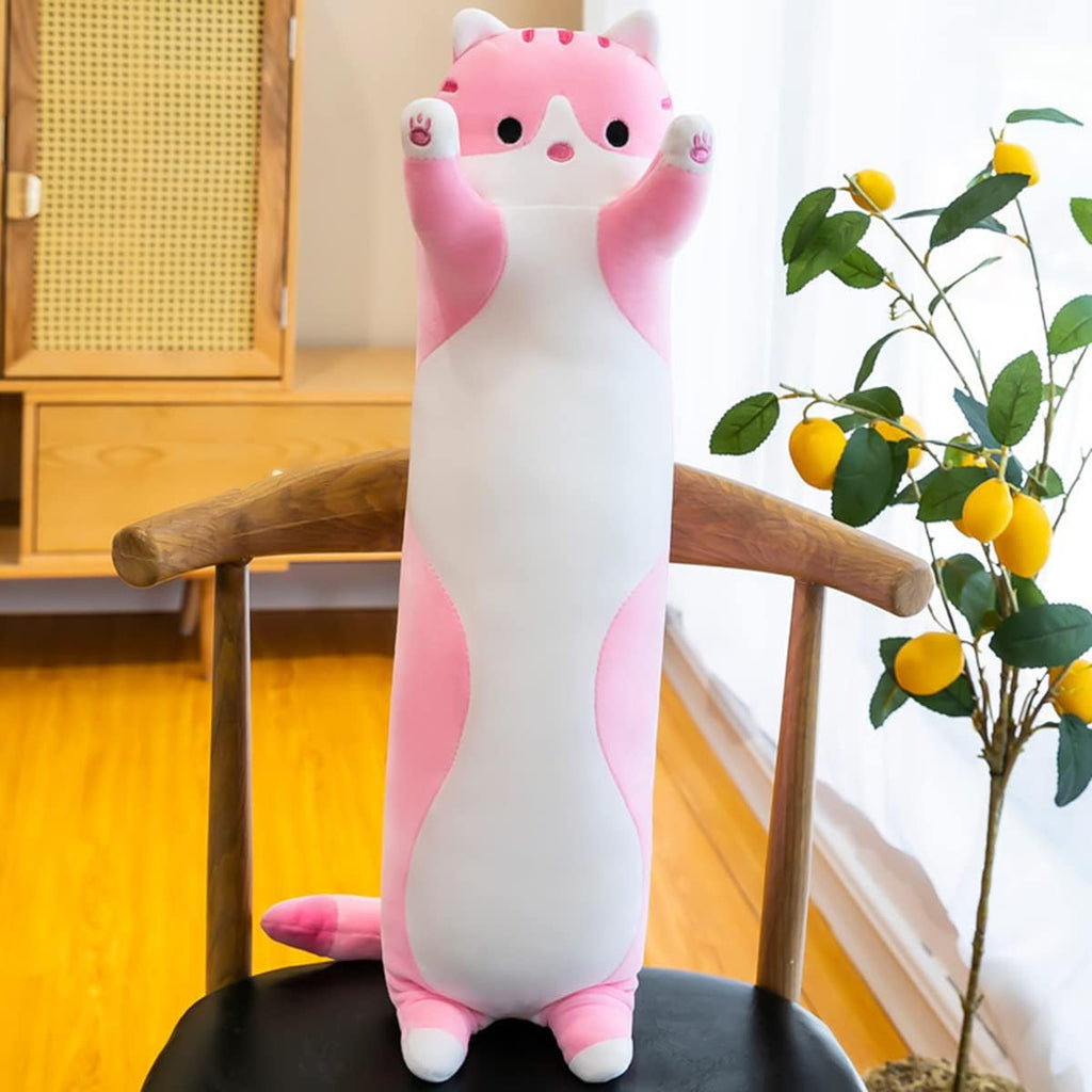 Rexinc Long Pink Cat Plush Pillow Toy Sleeping Pillow Cute Cartoon Cat Stuffed Animals Soft Long Body Pillow Gift for Kids(35.43in)