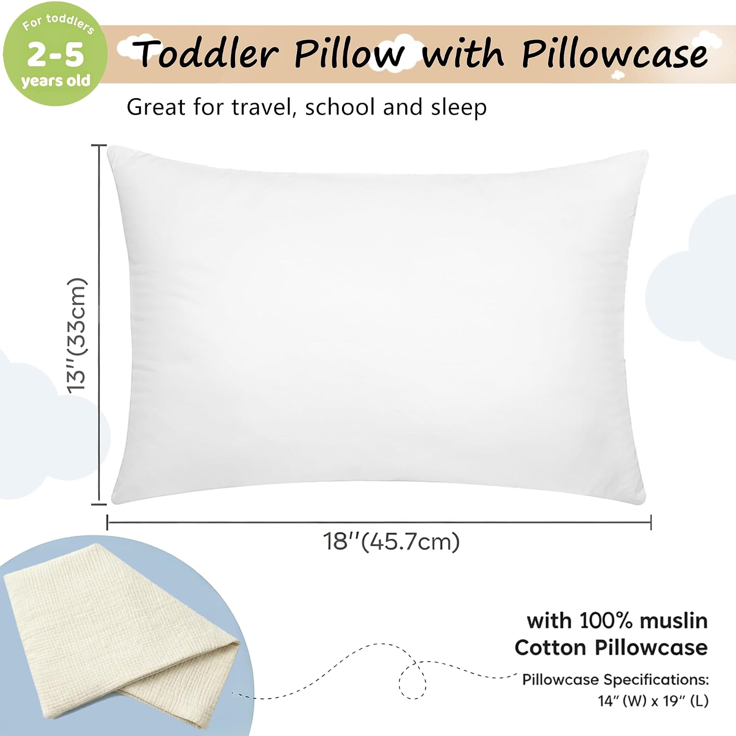 ProGoleem Pro Goleem Toddler Pillow with 100% Muslin Cotton Pillowcase – 13x18 Ultra Soft, Breathable & Machine Washable Kids Pillow for Sl…