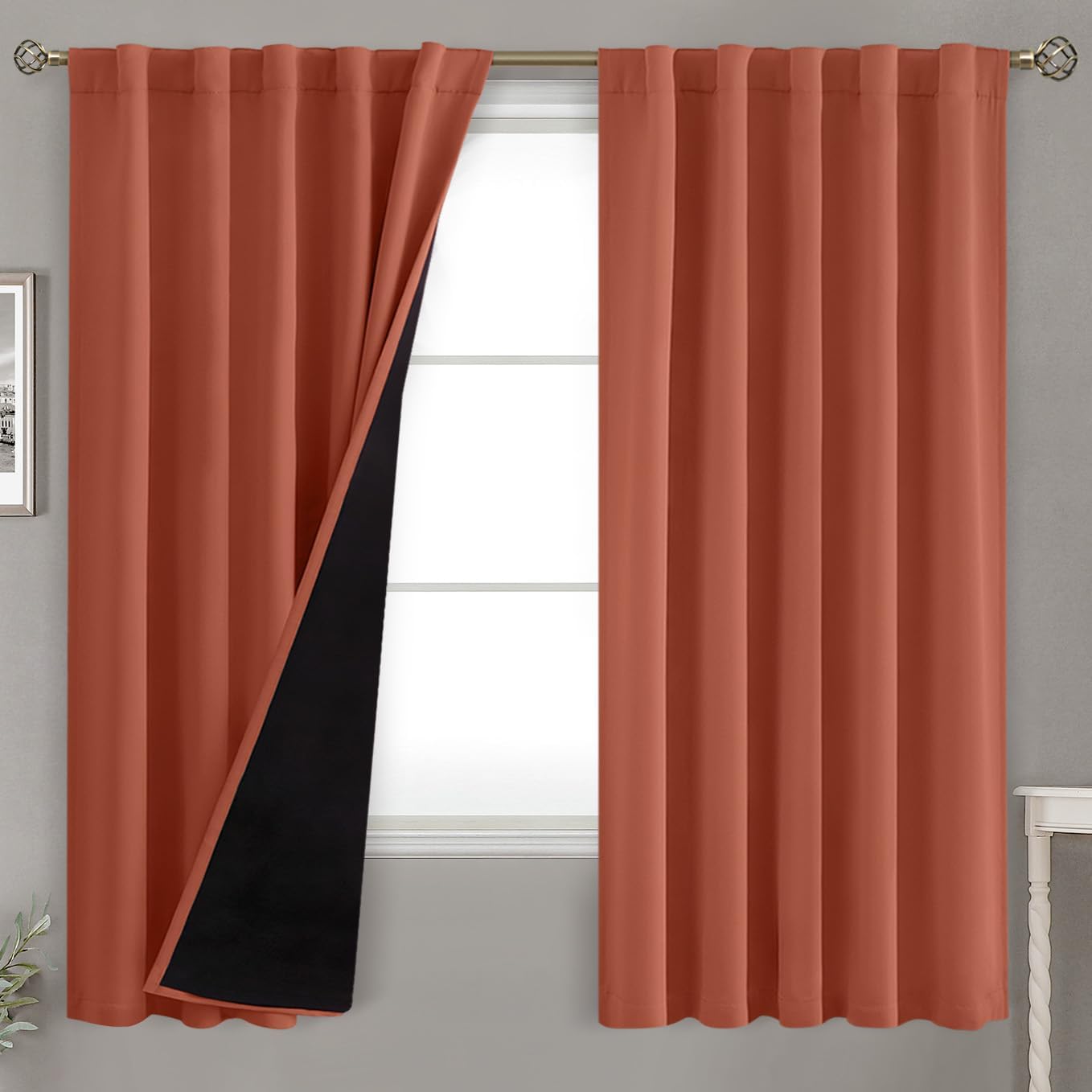 BGment Terracotta 100% Blackout Curtains 63 Inch Length with Noise Reducing Liner, Thermal Insulated Double Layer Room Darkening Rod…