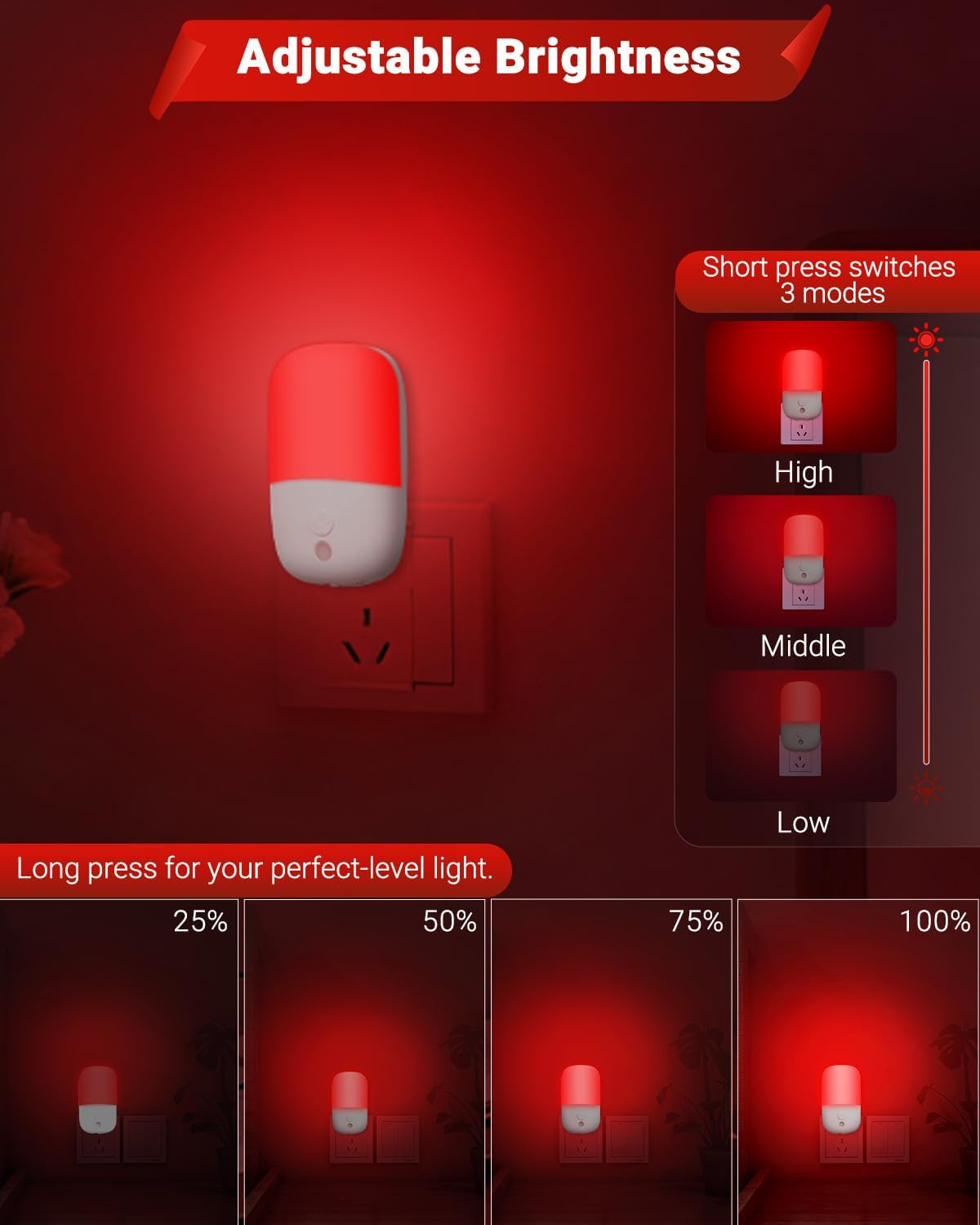 670nm Red Night Lights with Retractable Plug [2 Pack] - 0.5W Red Light Night Light with Dusk to Dawn Sensor - Auto On/Off LED Night Light…