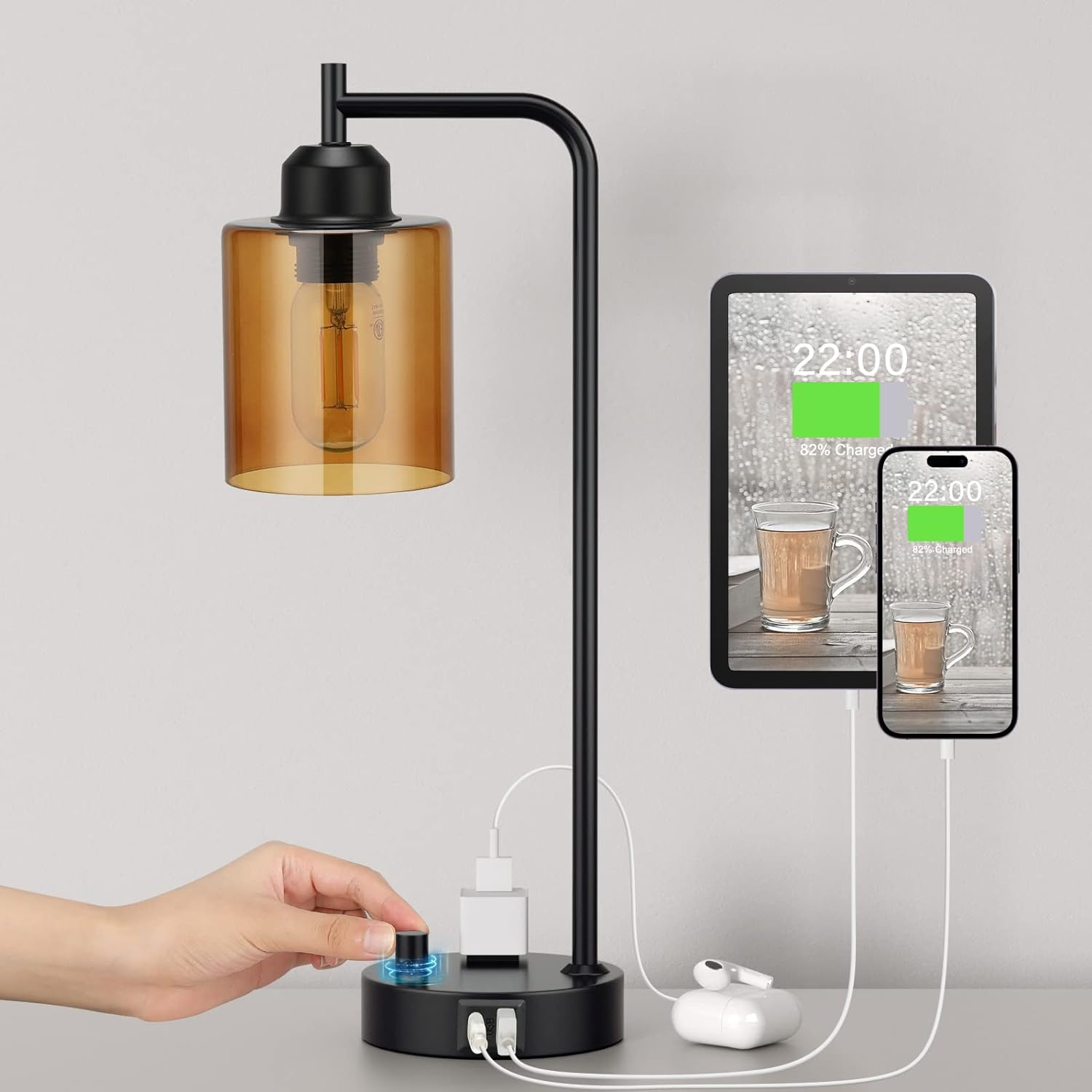 Innqoo Industrial Small Desk Lamp for Nightstand - Amber Clear Glass Shade Table Lamp with USB C Port, Fully Dimmable Black Bedside Lamp…