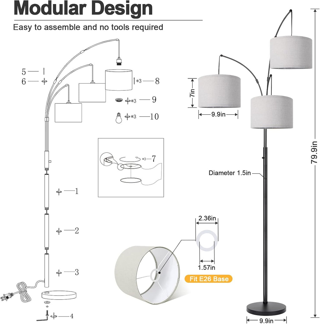 Dimmable Floor Lamp - 3 Lights Arc Floor Lamps for Living Room, 1000LM Modern Tall Standing Lamp With Gray Shades & Heavy Base, Mid…